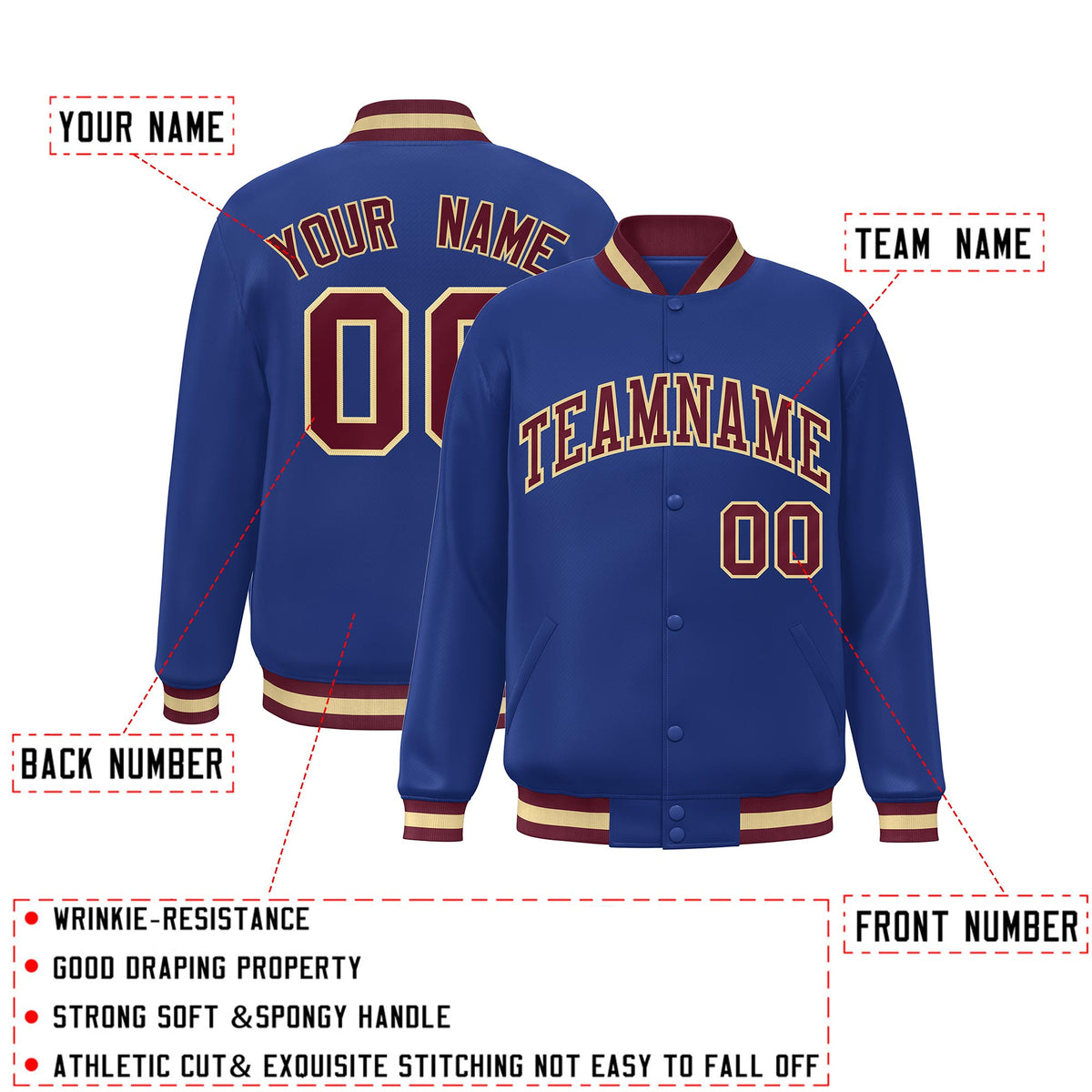 Custom Royal Crimson-Khaki Classic Style Varsity Full-Snap Letterman Jacket