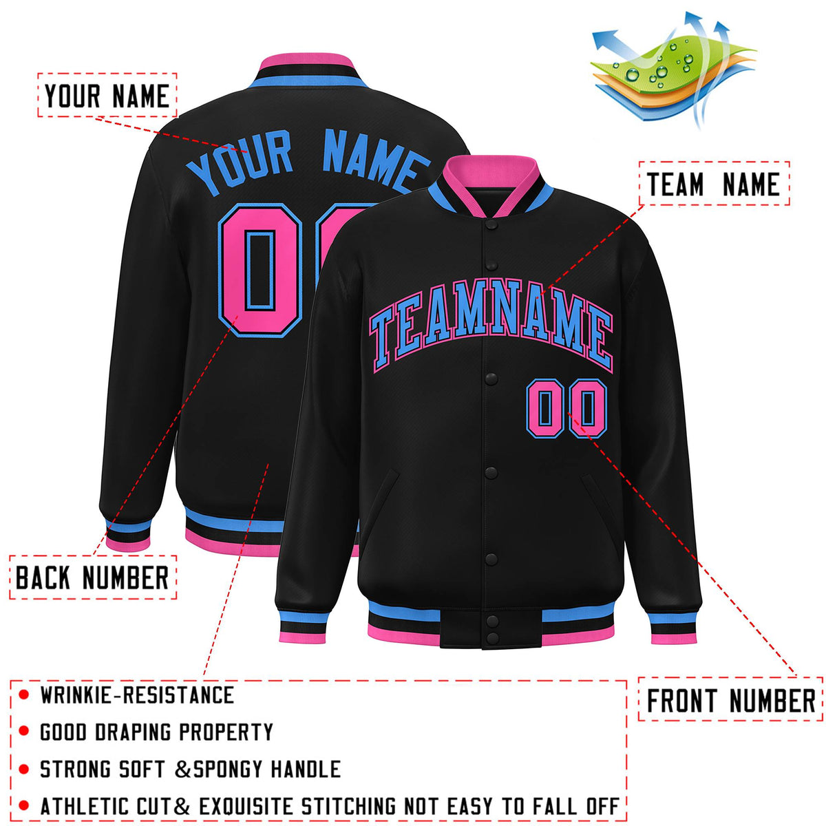 Custom Black Powder Blue-Black Classic Style Varsity Full-Snap Letterman Jacket
