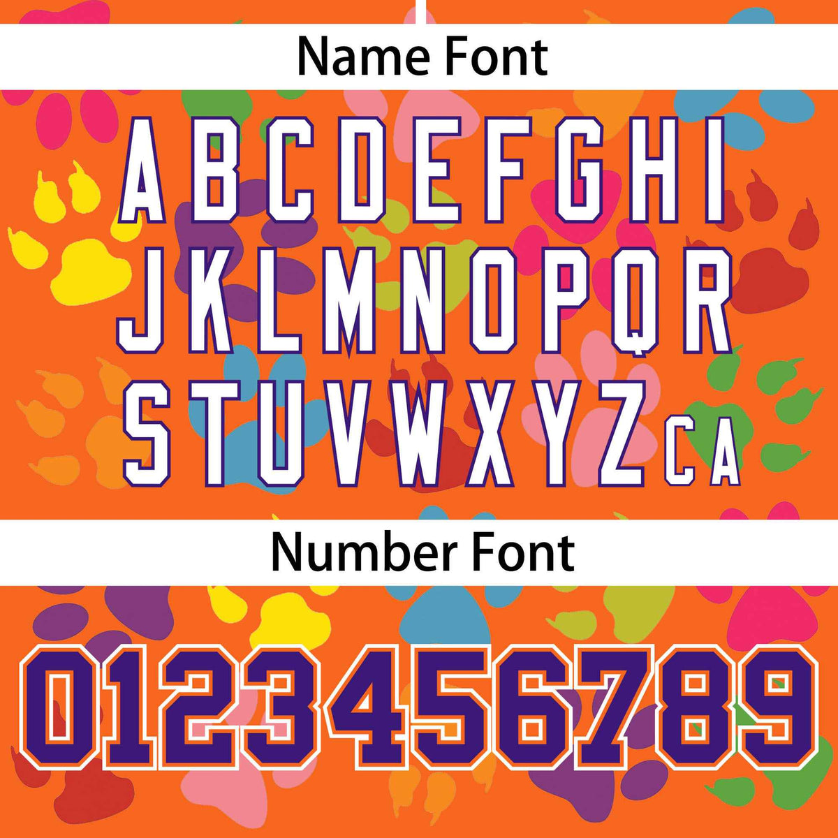 Custom Orange Purple-White Varsity Pets Paw Prints Graffiti Pattern Letterman Baseball Jacket