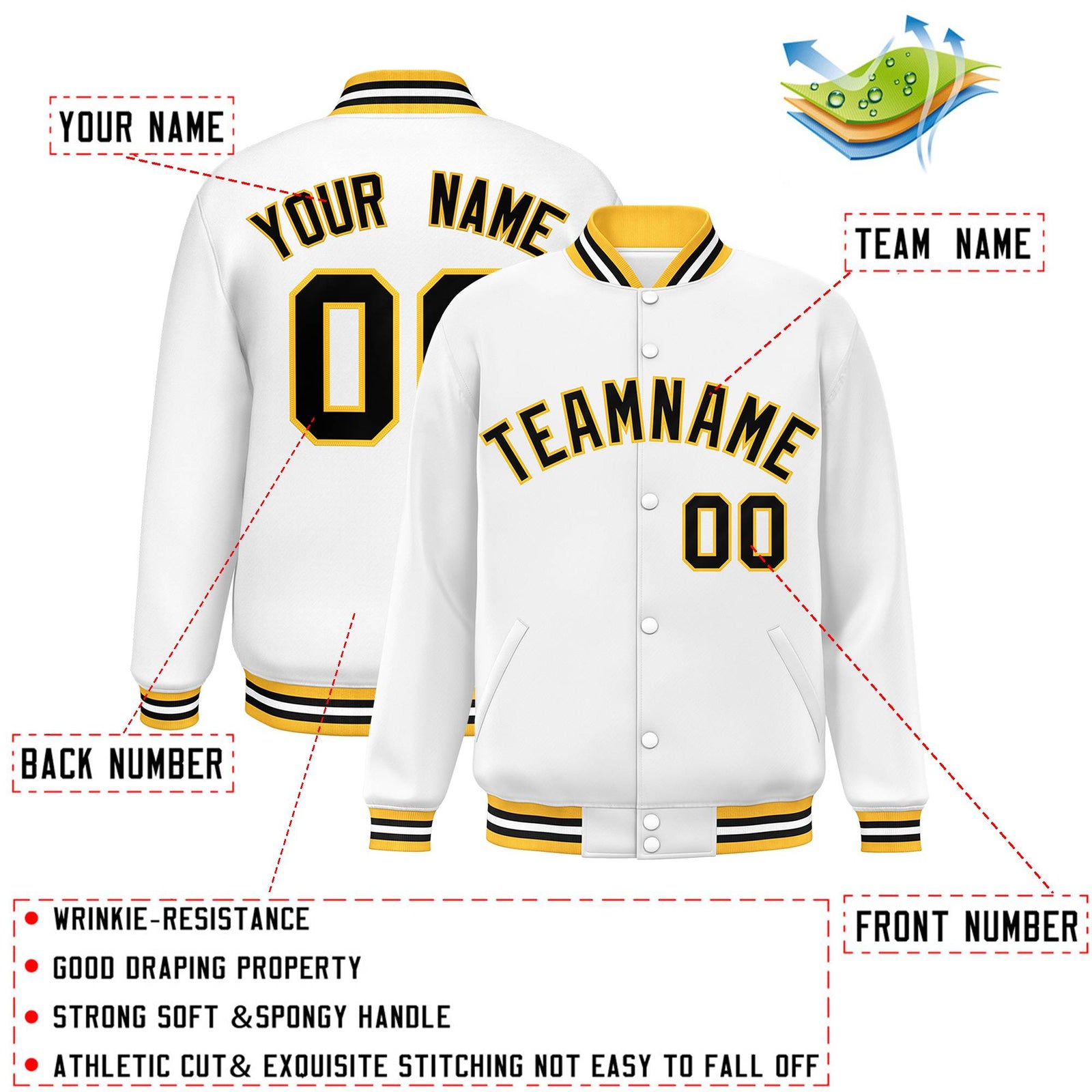 Custom White Black-Gold Classic Style Varsity Full-Snap Letterman Jacket