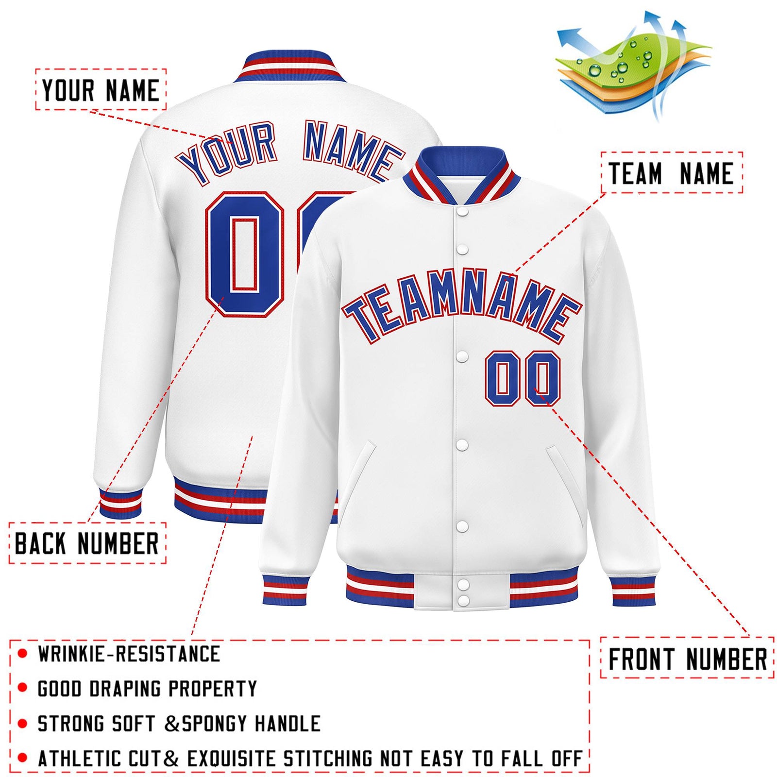 Custom White Royal-White Classic Style Varsity Full-Snap Letterman Jacket