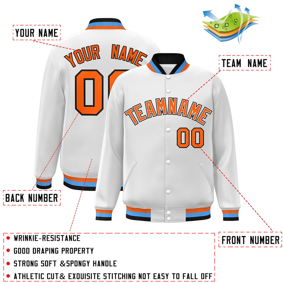 Custom White Orange-White Classic Style Varsity Full-Snap Letterman Jacket
