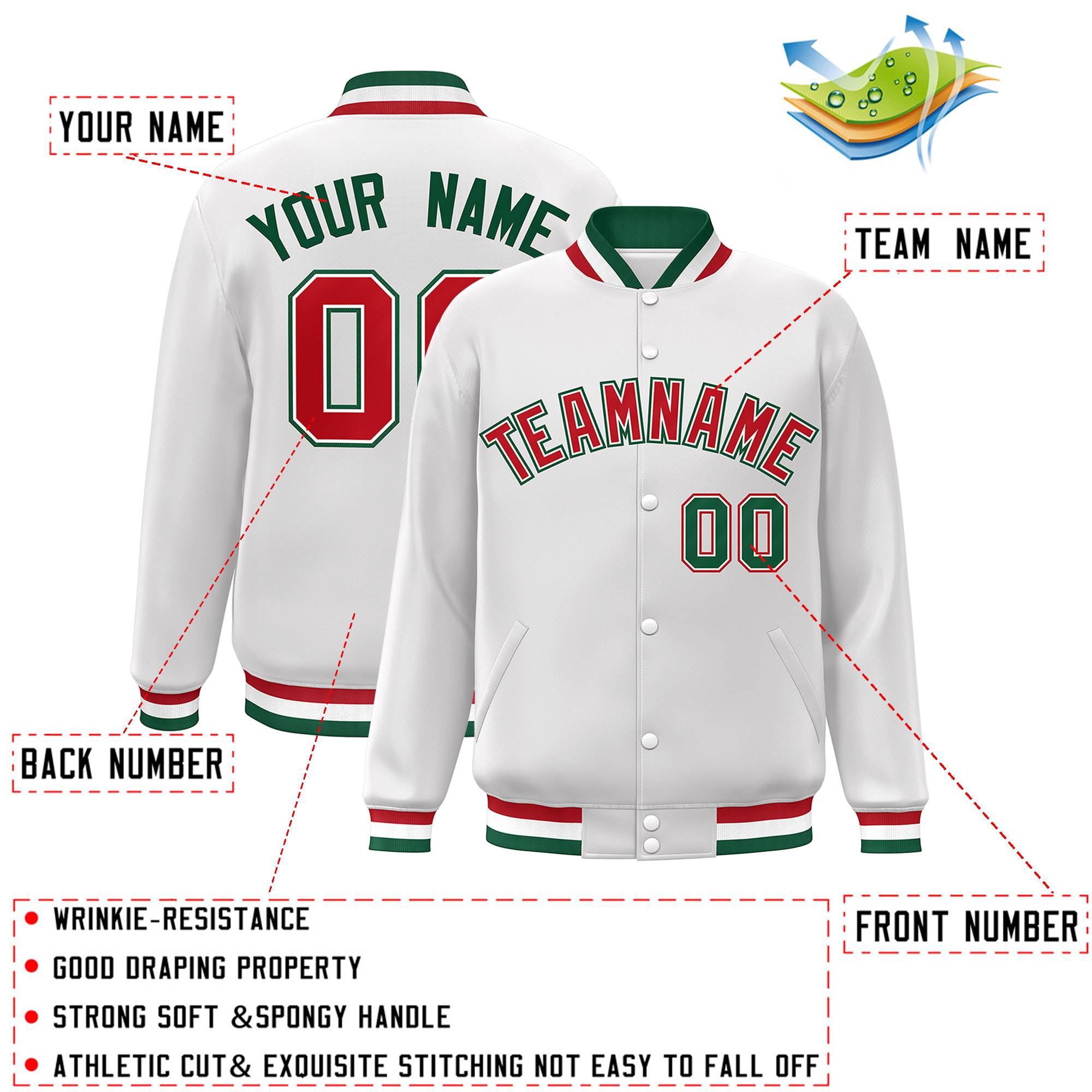Custom White Red-White Classic Style Varsity Full-Snap Letterman Jacket