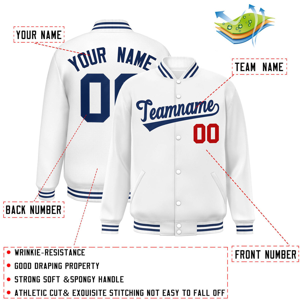 Custom White Royal Classic Style Varsity Full-Snap Letterman Jacket