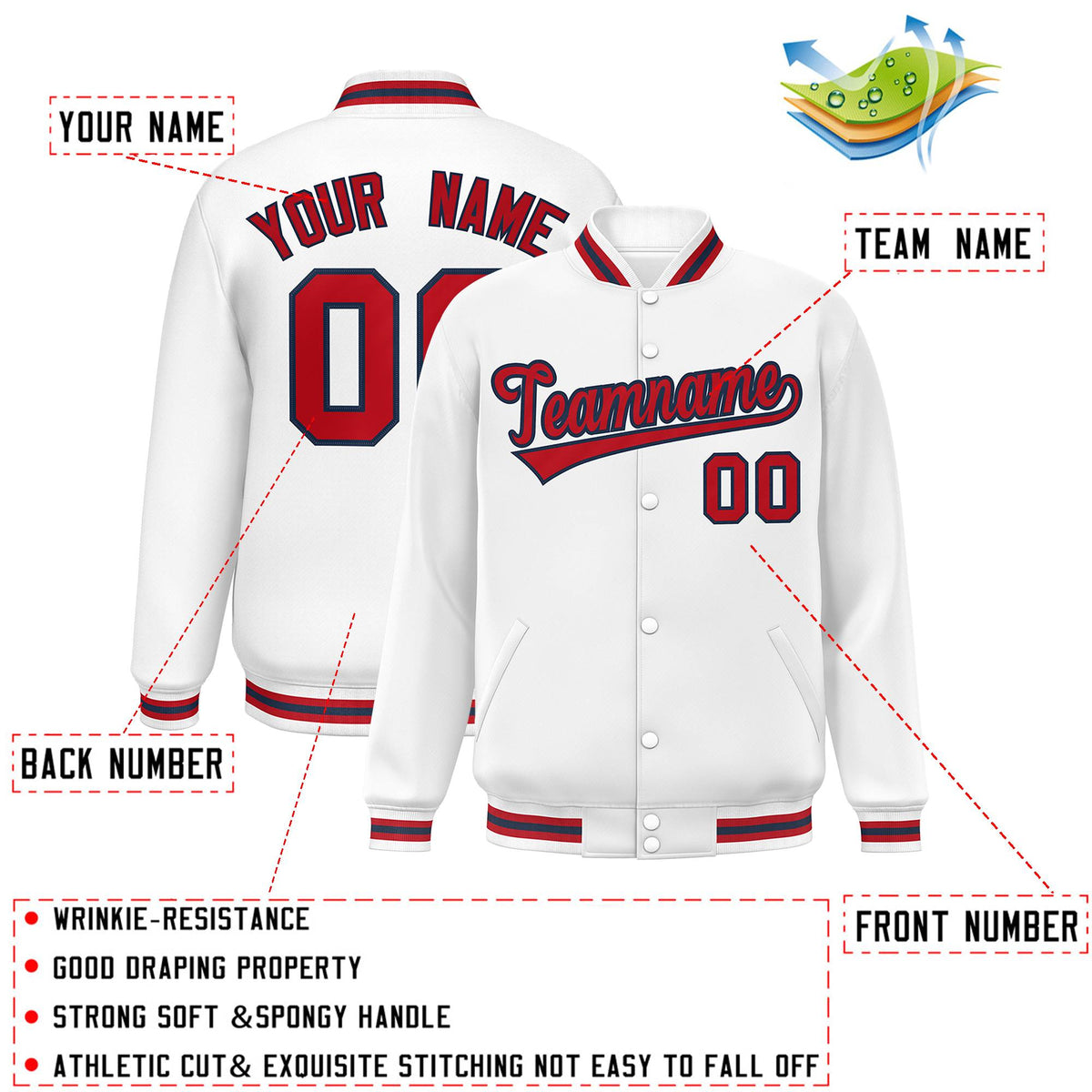 Custom White Red-Navy Classic Style Varsity Full-Snap Letterman Jacket