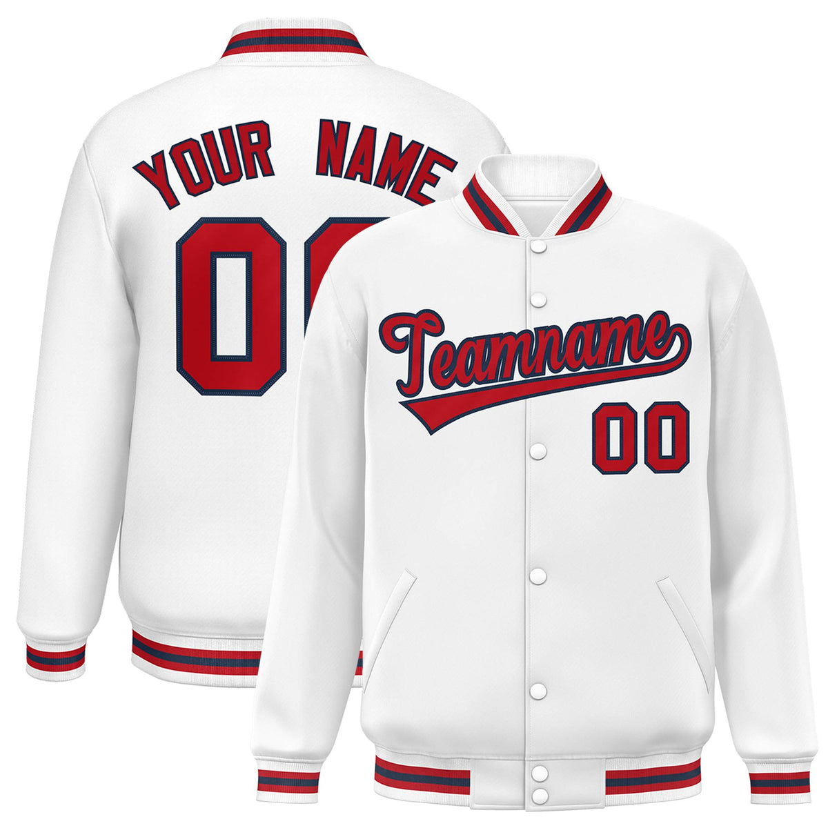 Custom White Red-Navy Classic Style Varsity Full-Snap Letterman Jacket