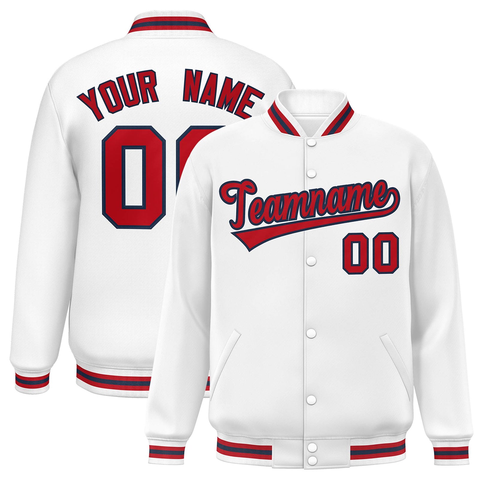 Custom White Red-Navy Classic Style Varsity Full-Snap Letterman Jacket