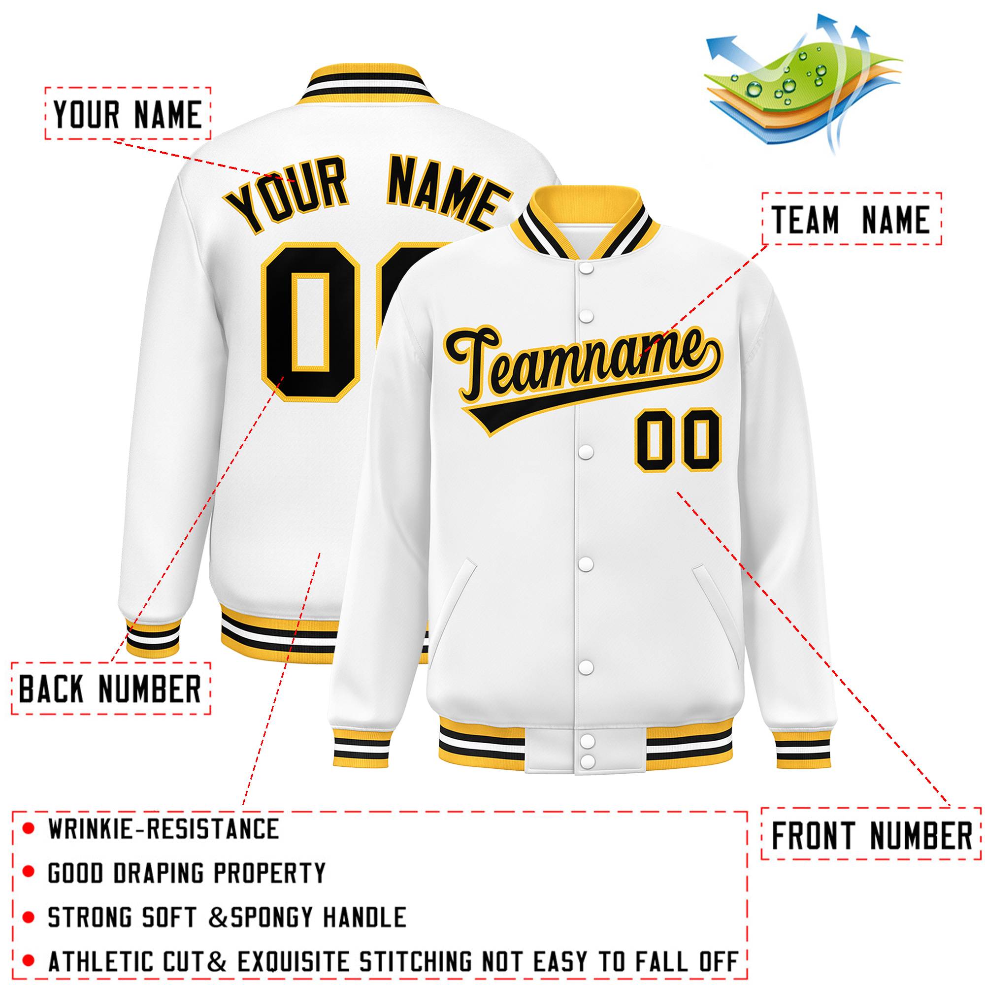 Custom White Black-Gold Classic Style Varsity Full-Snap Letterman Jacket