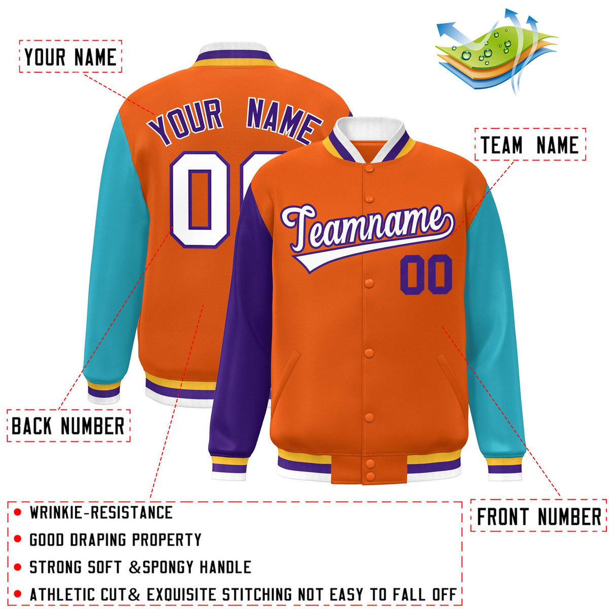 Custom Orange Purple-Aqua Varsity Full-Snap Raglan Sleeves Letterman Baseball Jacket