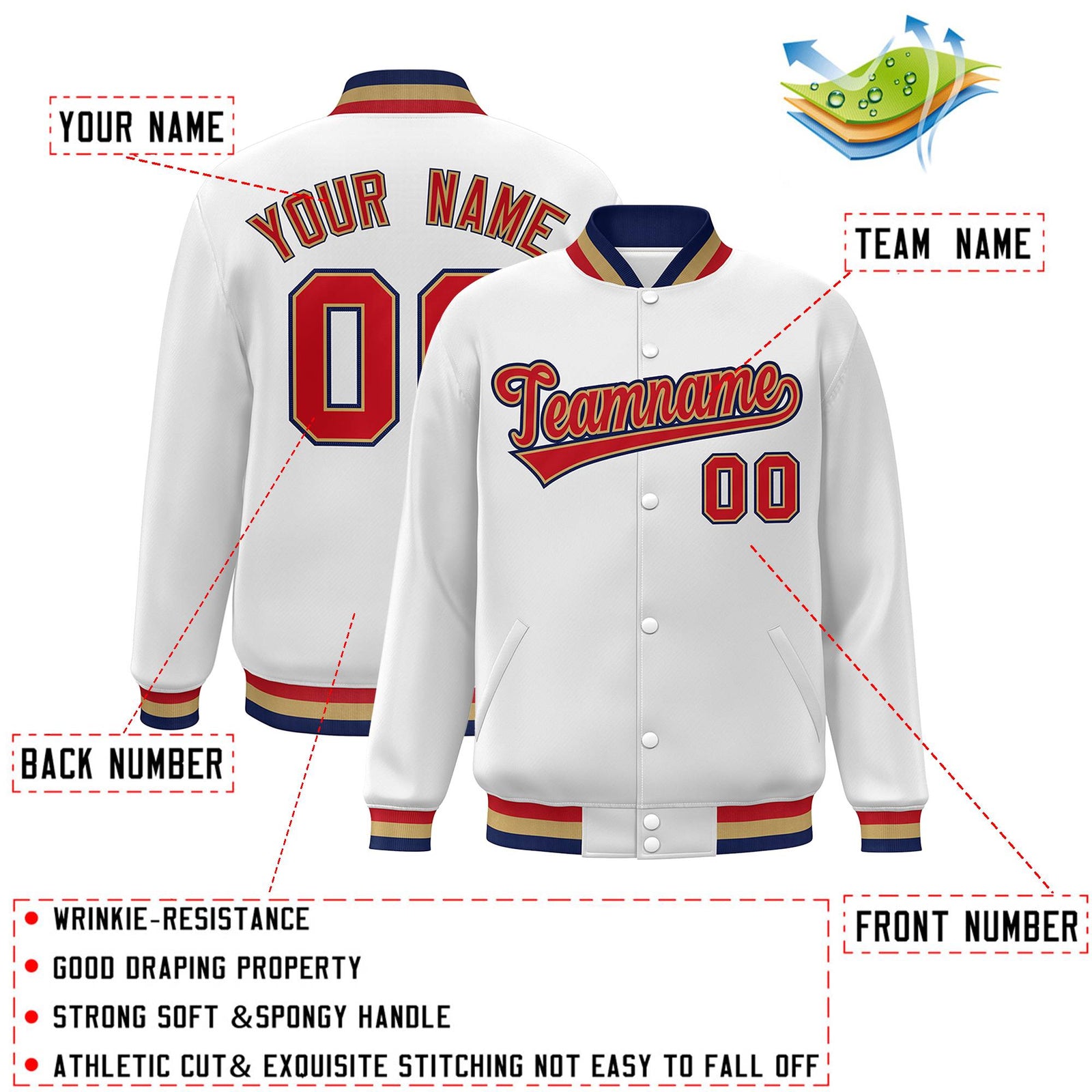 Custom White Red-Old Gold Classic Style Varsity Full-Snap Letterman Jacket