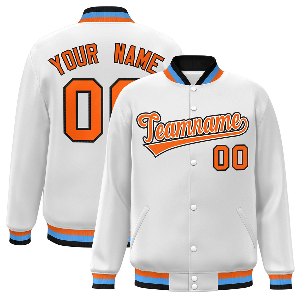 Custom White Orange-White Classic Style Varsity Full-Snap Letterman Jacket