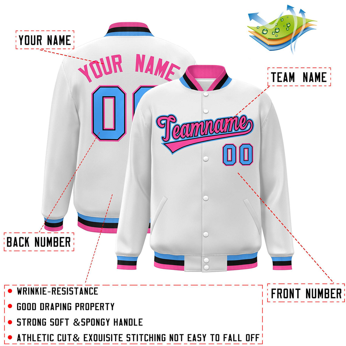 Custom White Pink-Black Classic Style Varsity Full-Snap Letterman Jacket