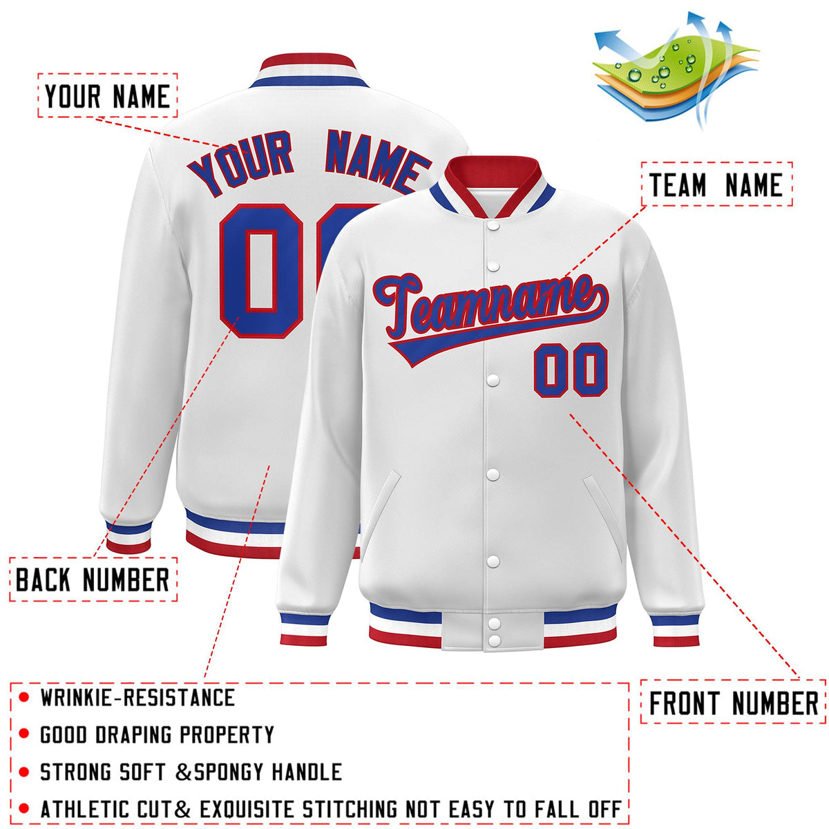Custom White Royal-Red Classic Style Varsity Full-Snap Letterman Jacket