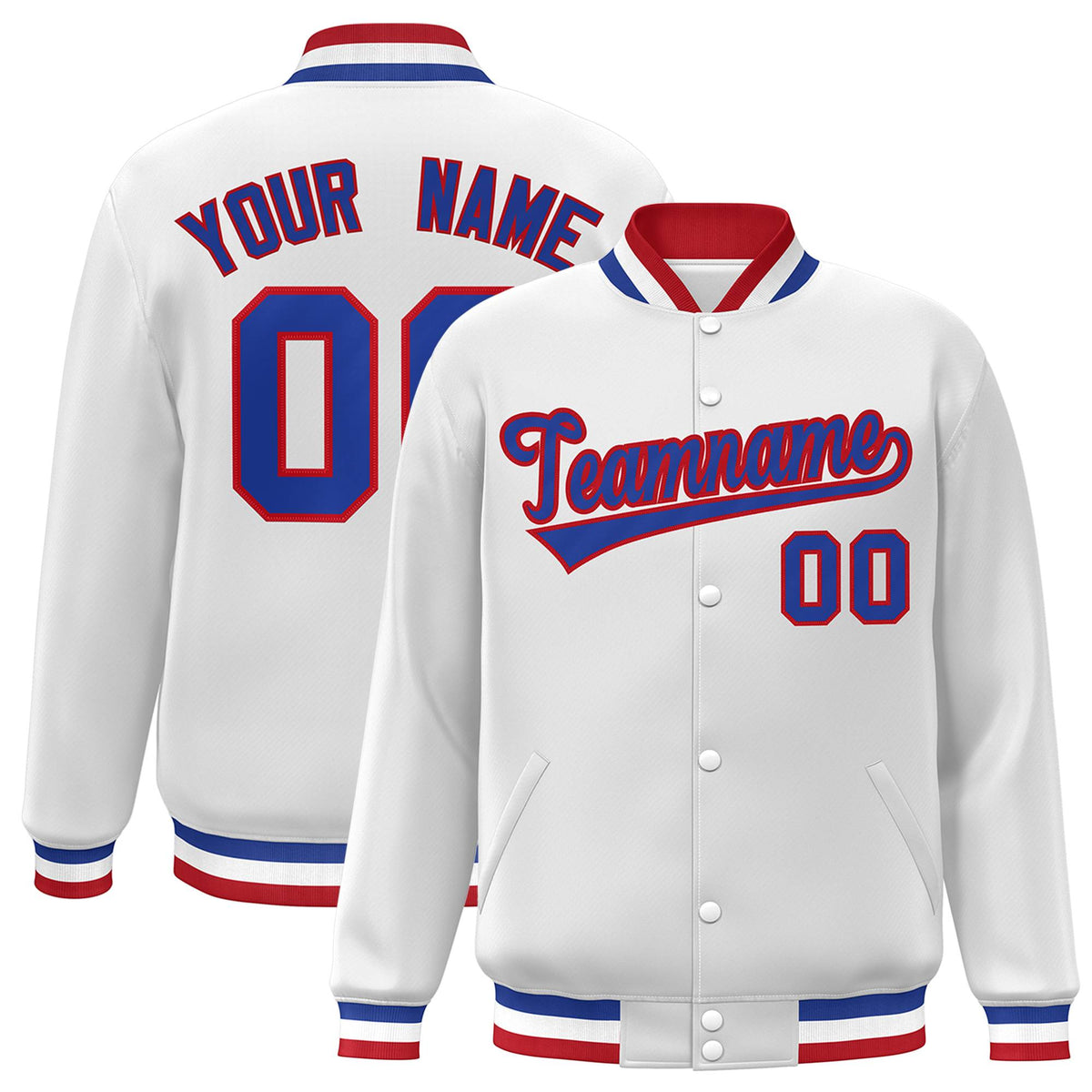 Custom White Royal-Red Classic Style Varsity Full-Snap Letterman Jacket