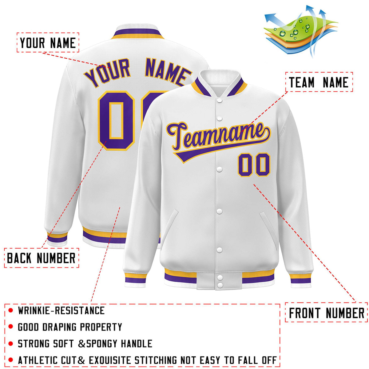 Custom White Purple-Gold Classic Style Varsity Full-Snap Letterman Jacket