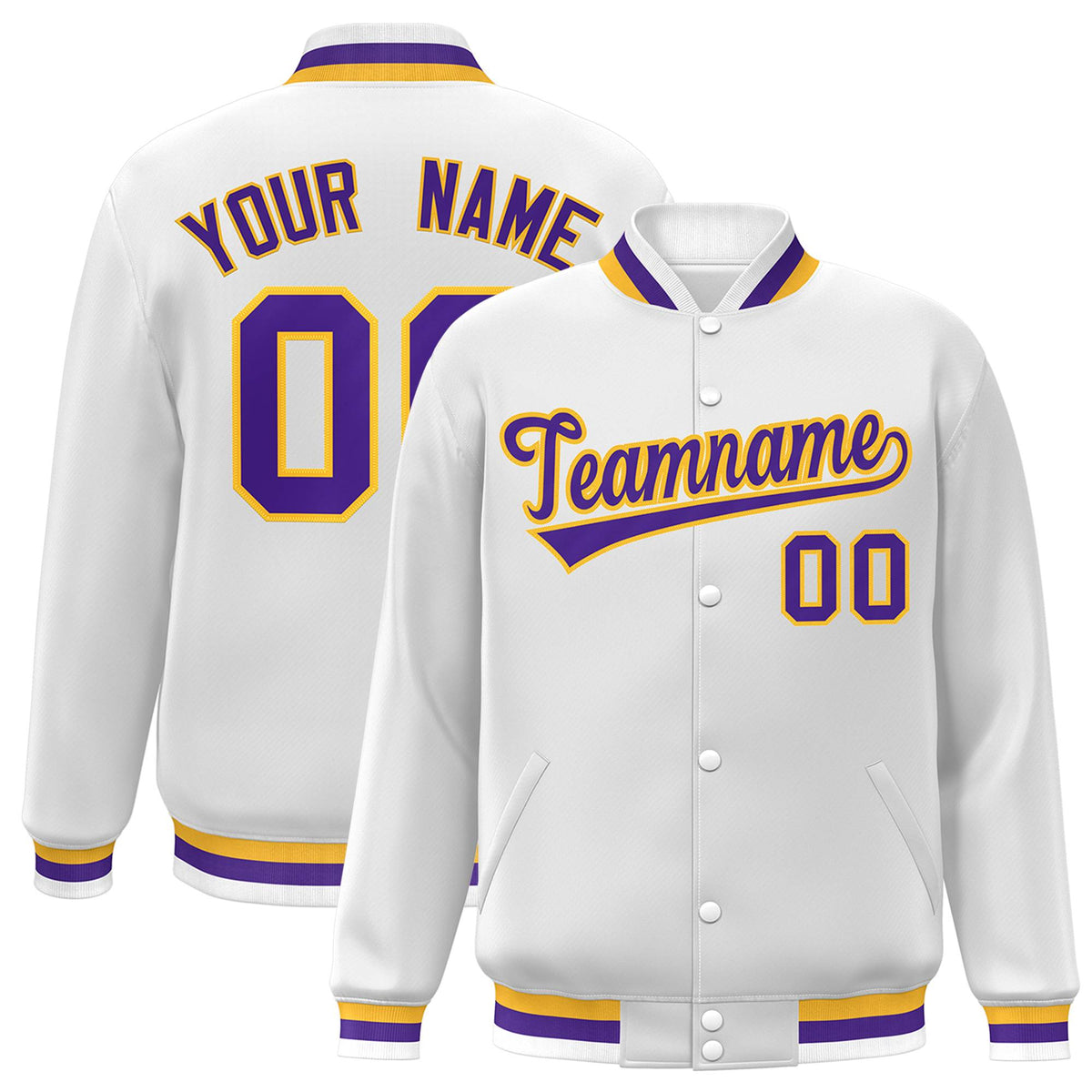 Custom White Purple-Gold Classic Style Varsity Full-Snap Letterman Jacket