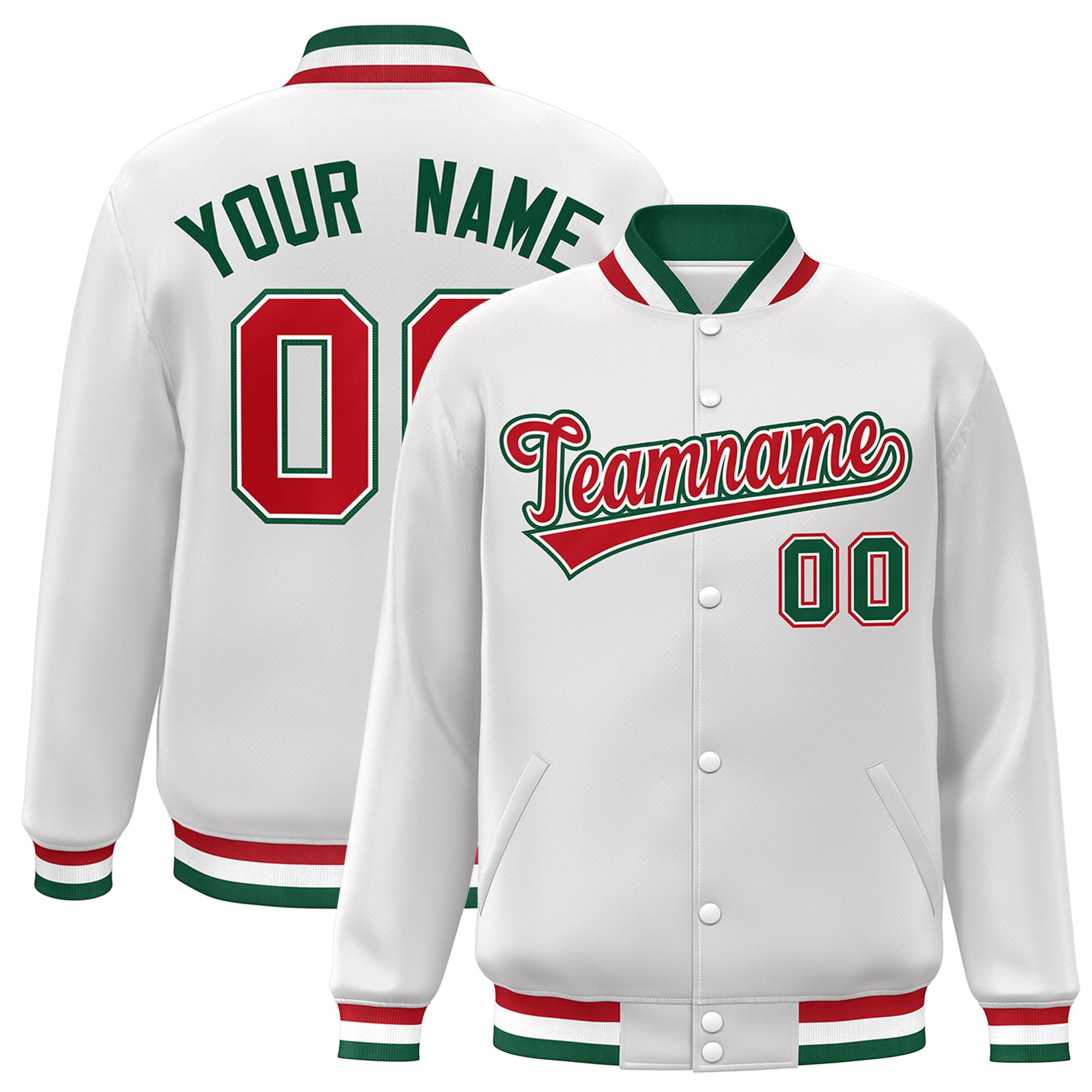 Custom White Red-White Classic Style Varsity Full-Snap Letterman Jacket