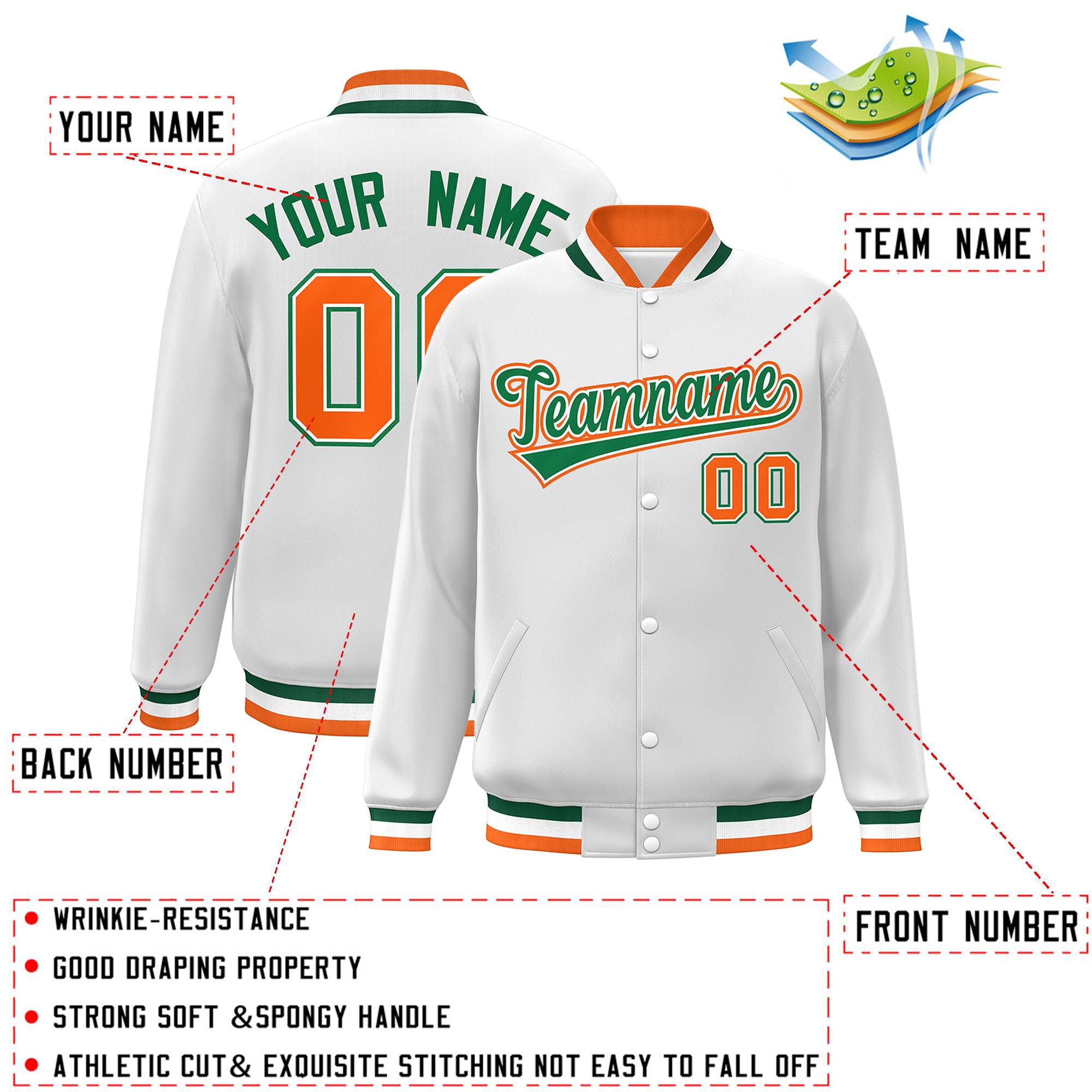 Custom White Green-White Classic Style Varsity Full-Snap Letterman Jacket