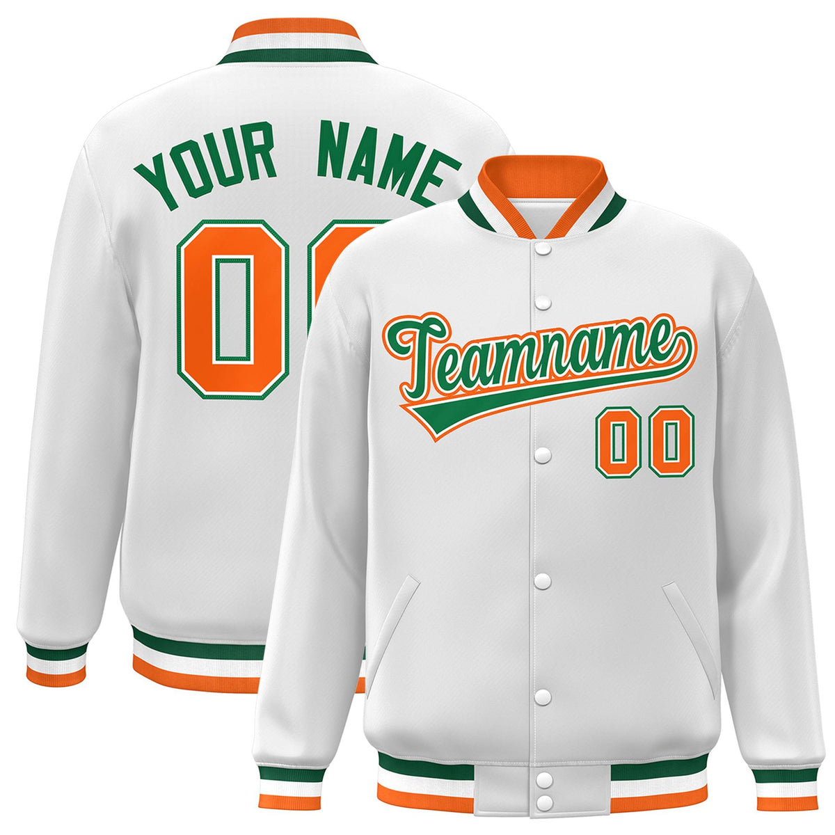 Custom White Green-White Classic Style Varsity Full-Snap Letterman Jacket