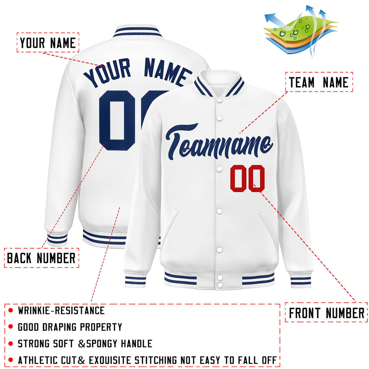 Custom White Royal Classic Style Varsity Full-Snap Letterman Jacket