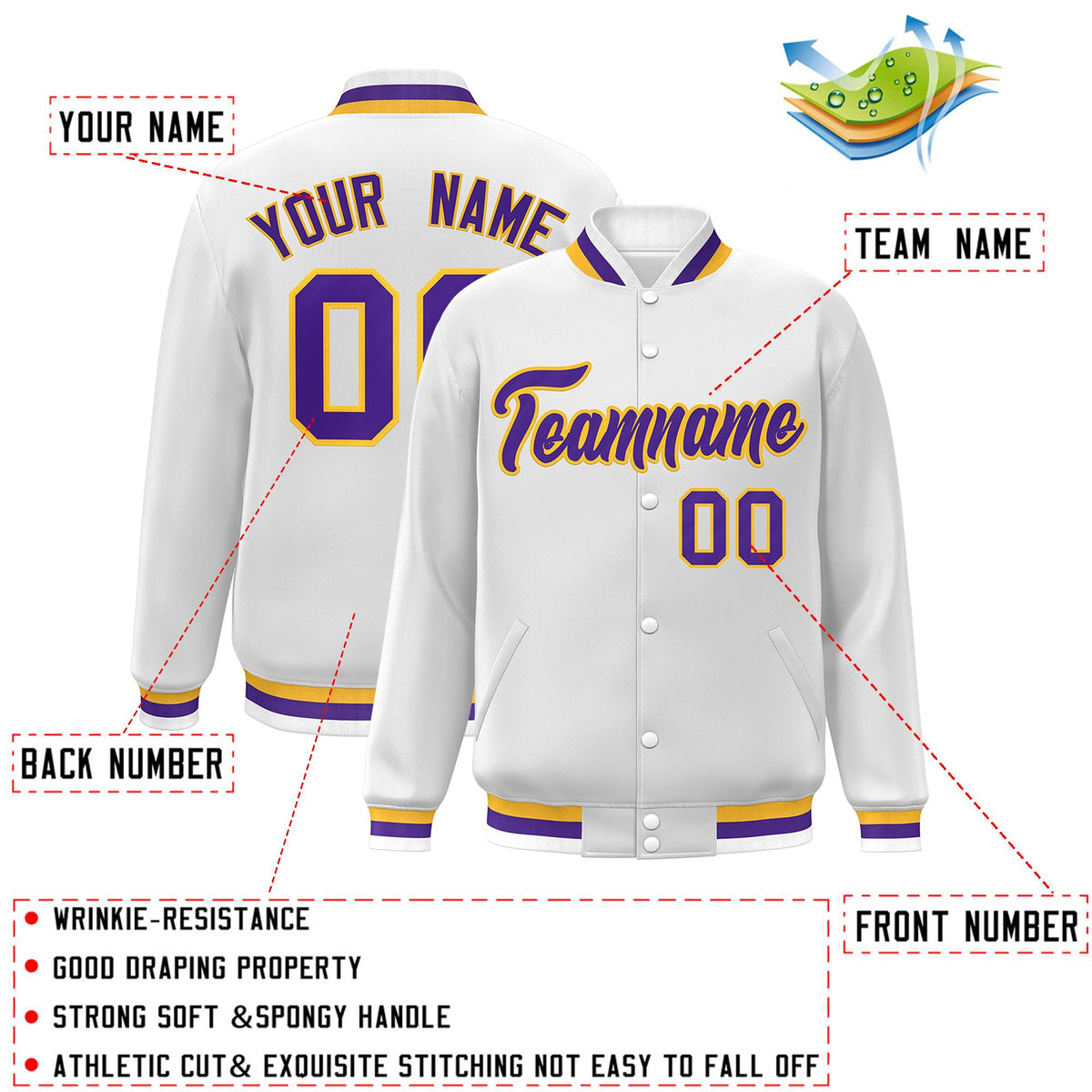 Custom White Purple-Gold Classic Style Varsity Full-Snap Letterman Jacket