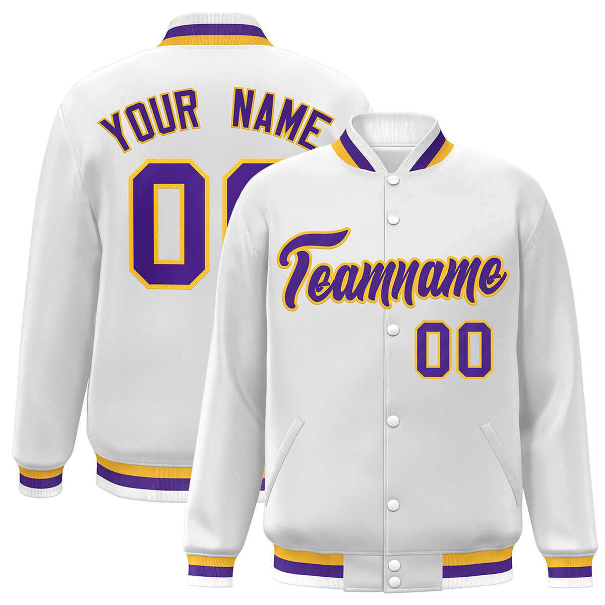 Custom White Purple-Gold Classic Style Varsity Full-Snap Letterman Jacket