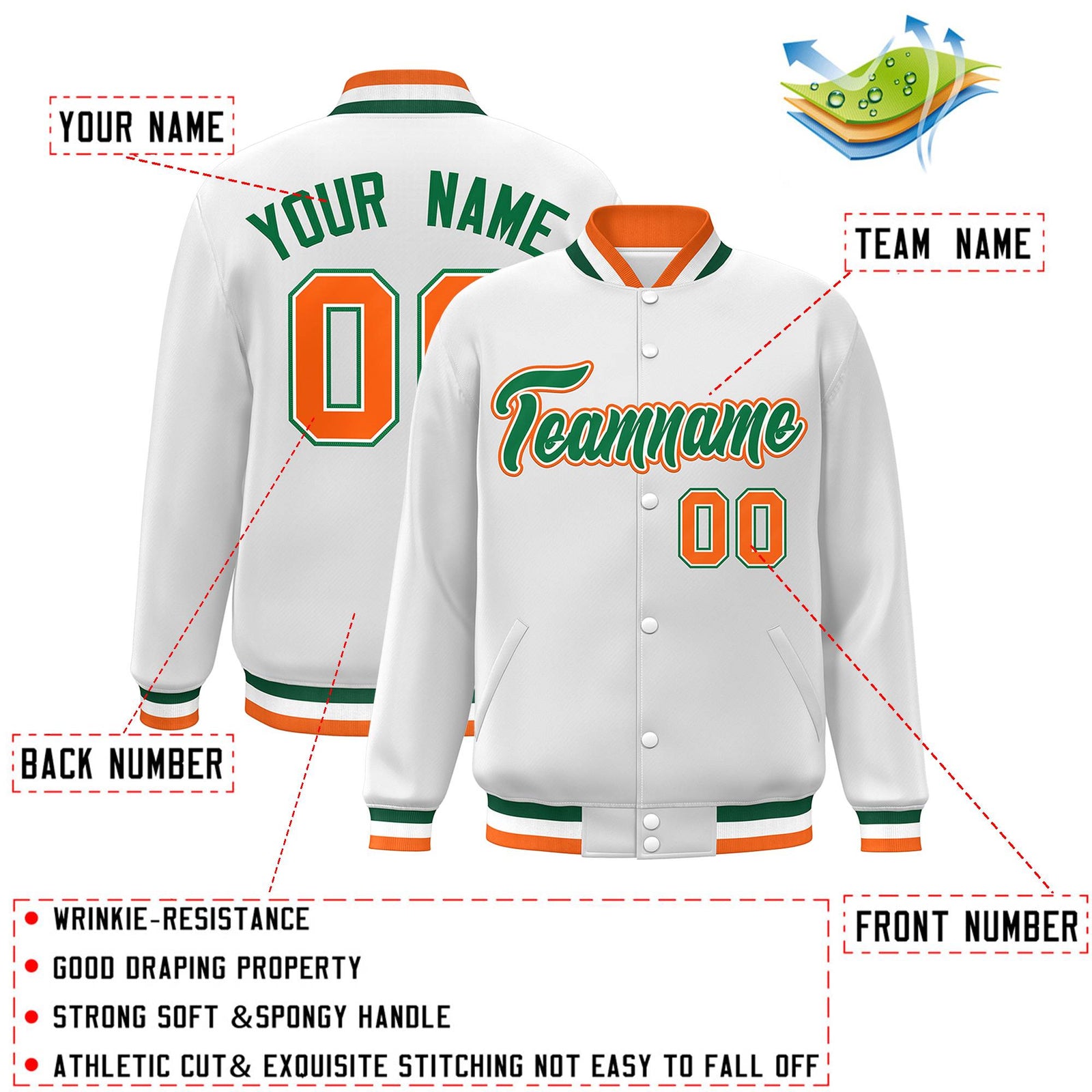 Custom White Green-White Classic Style Varsity Full-Snap Letterman Jacket