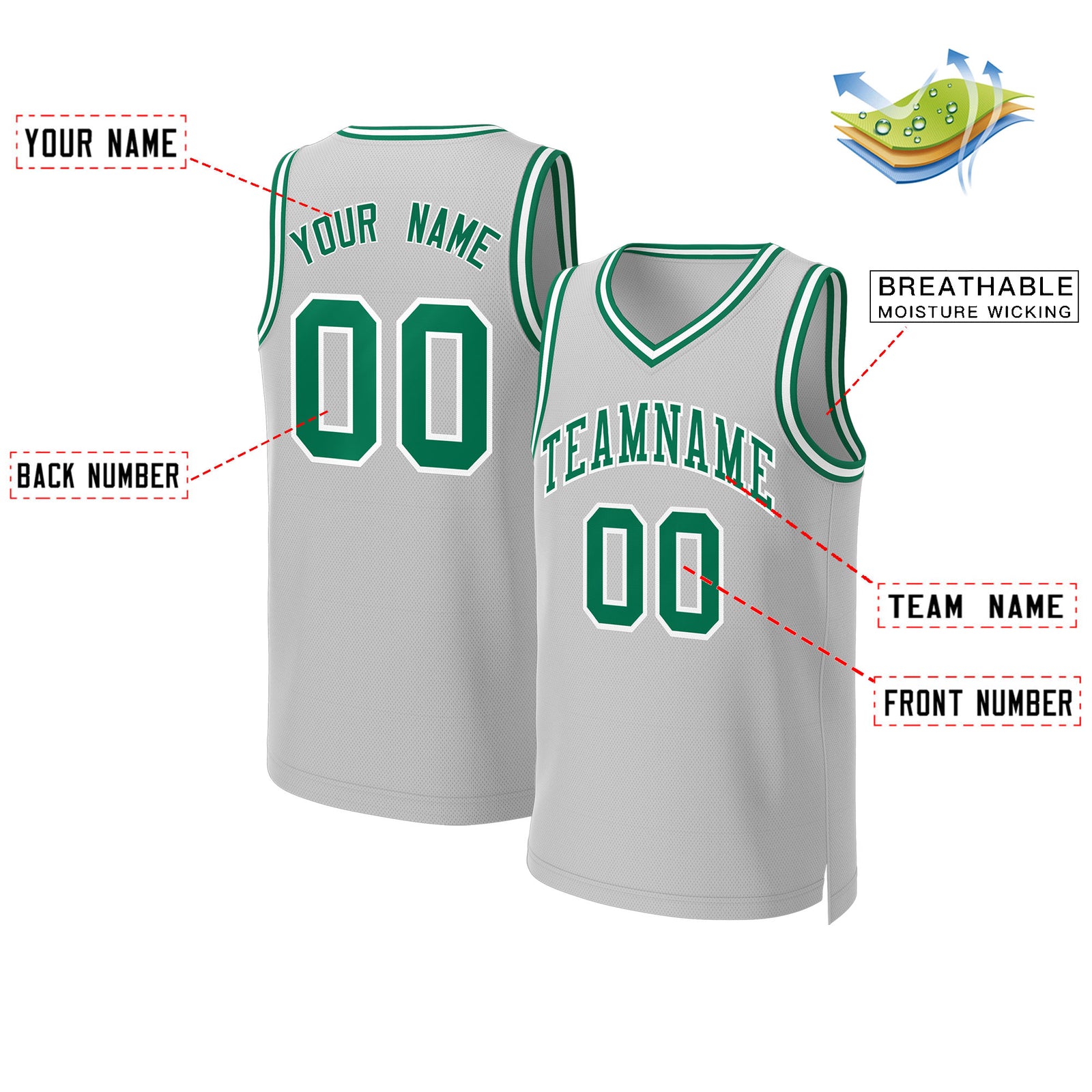Custom Gray Kelly Green-White Classic Tops Basketball Jersey
