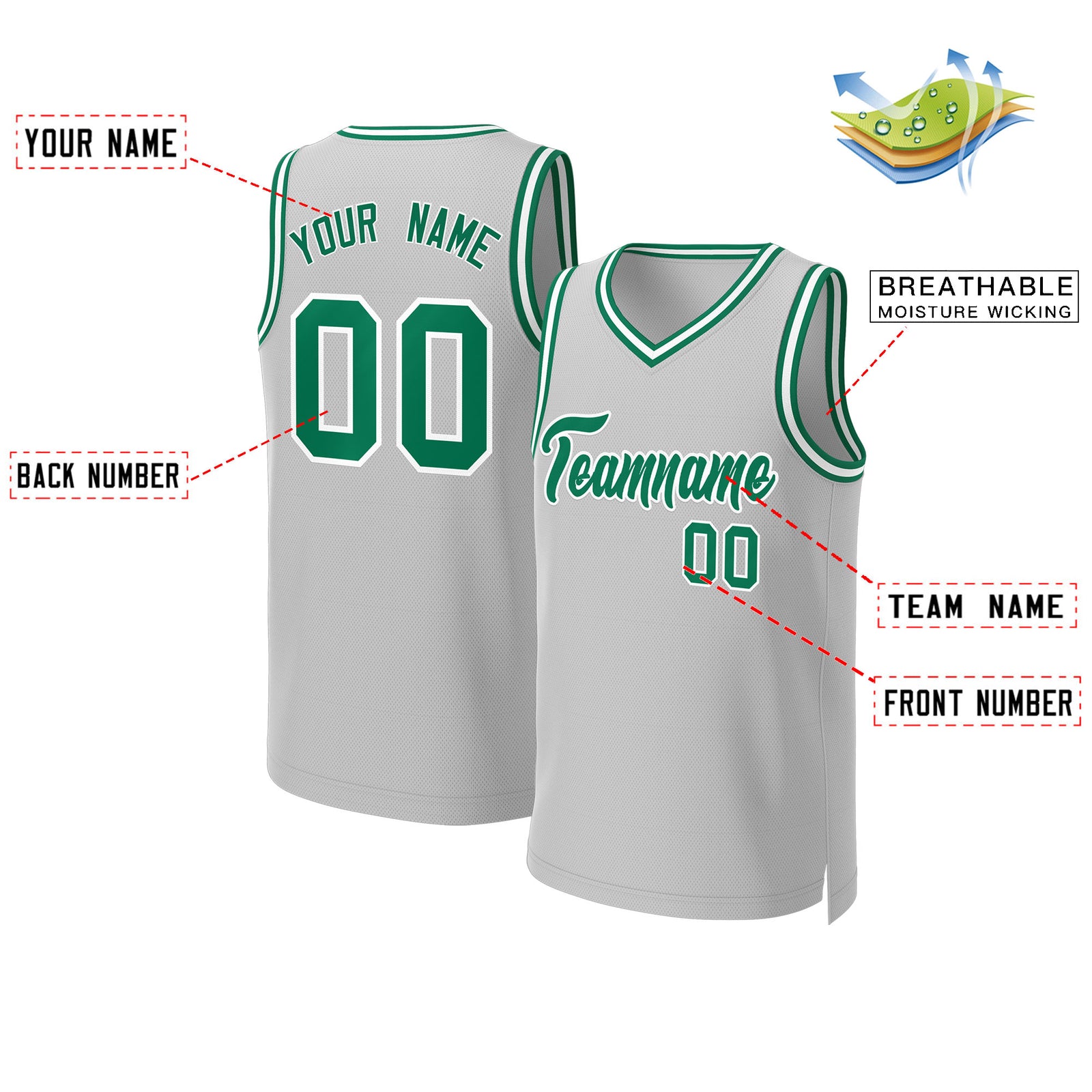 Custom Gray Kelly Green-White Classic Tops Basketball Jersey