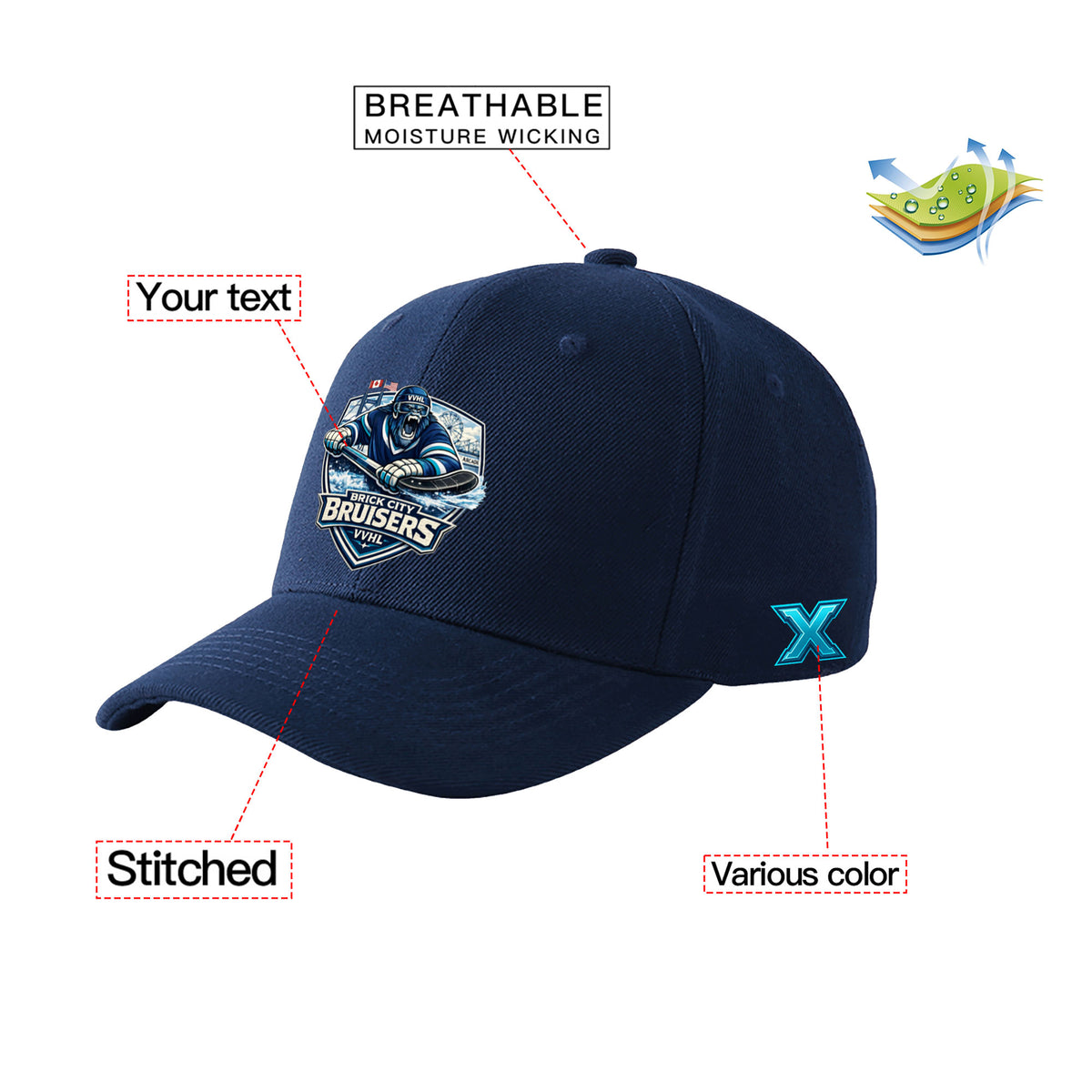 VVHL S10 Season X Brick City Bruisers 3D Puff Embroidery Flat Embroidery Baseball Cap