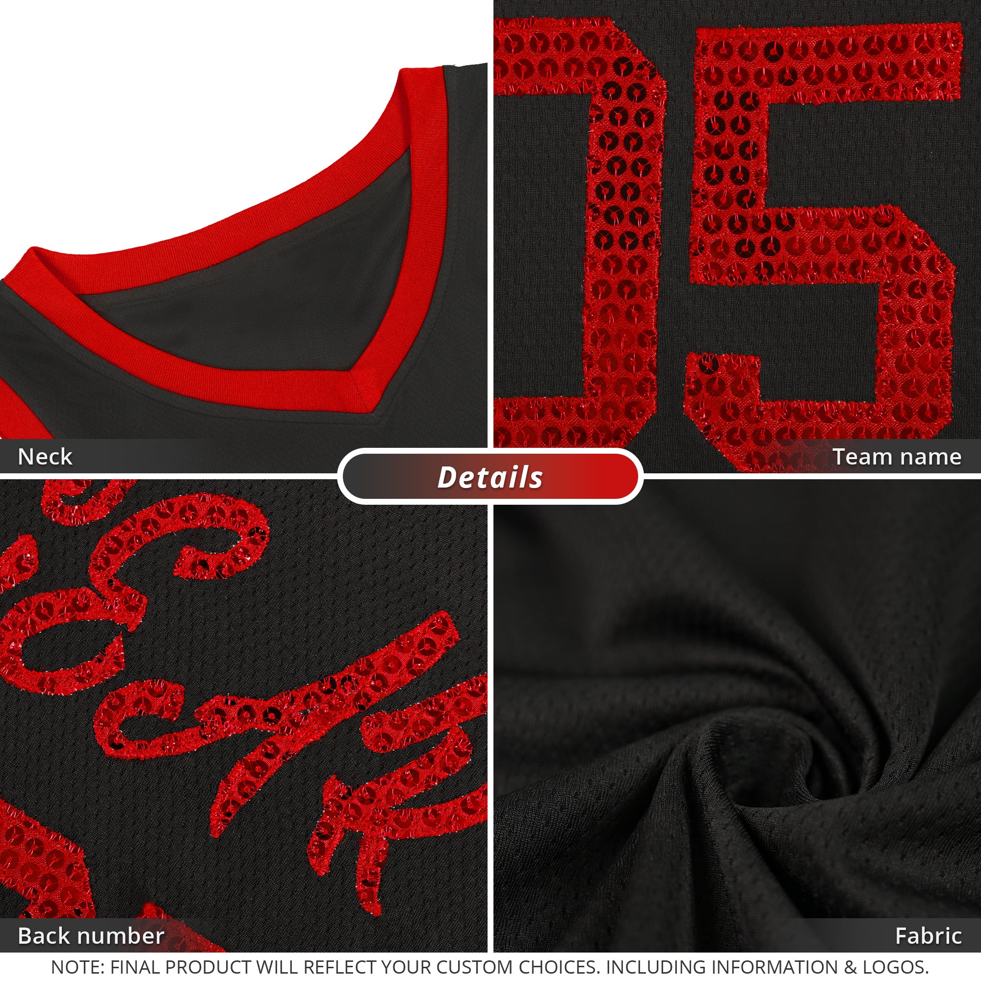 Custom Black Red Women Basketball Jersey Sequined Dress