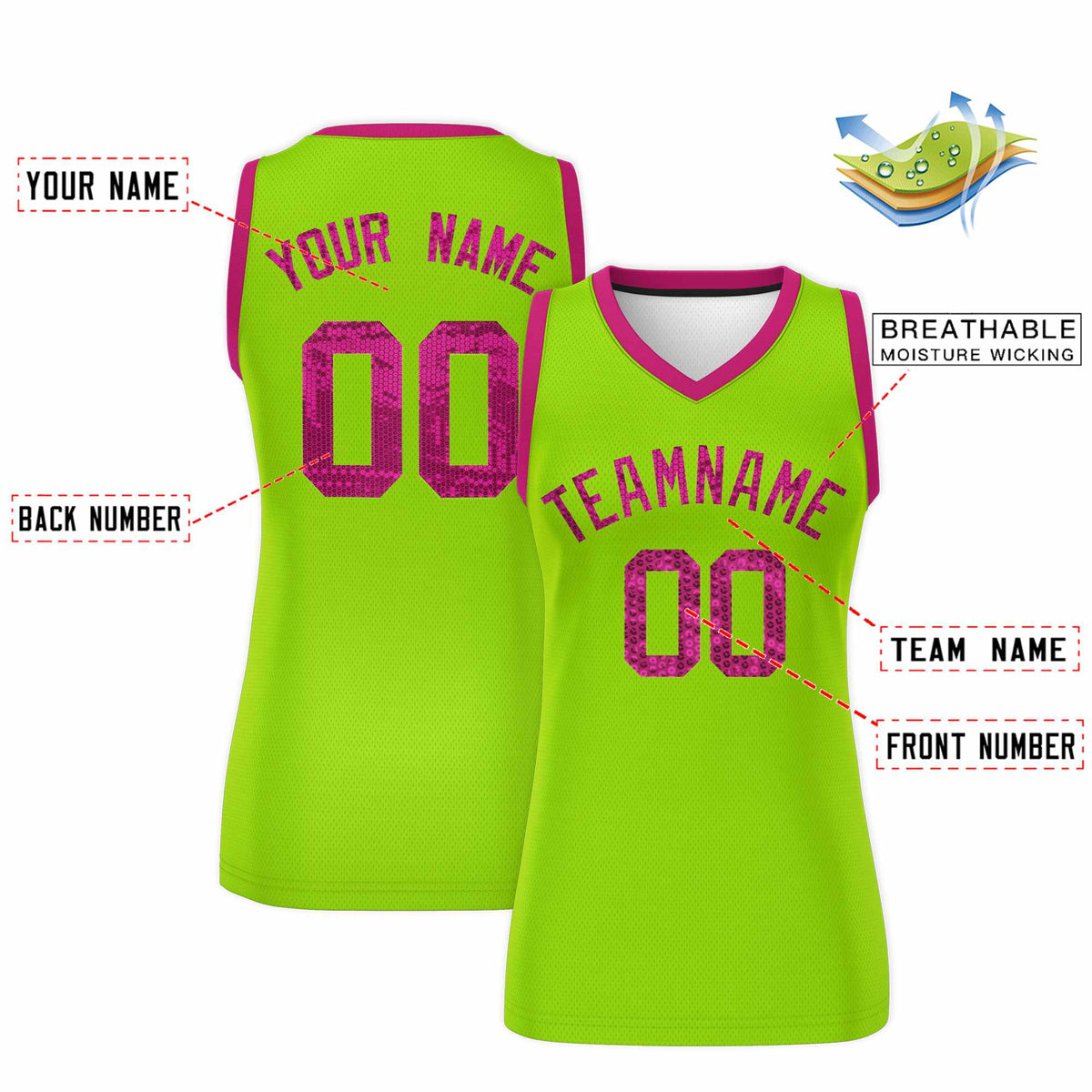Custom Neon Green Pink Women Basketball Jersey Dress