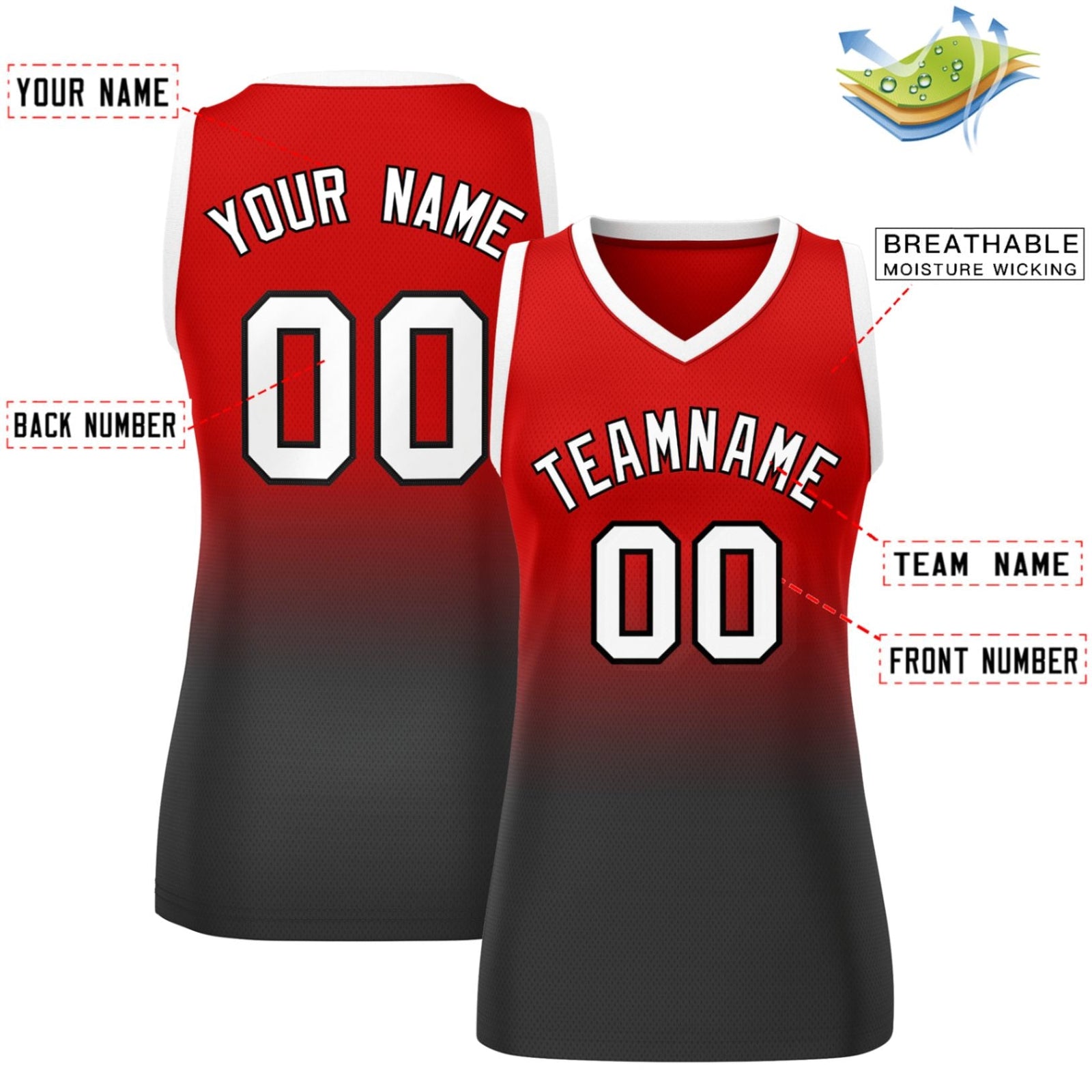 Custom Red Black Gradient Fashion Tops Mesh Basketball Jersey For Women
