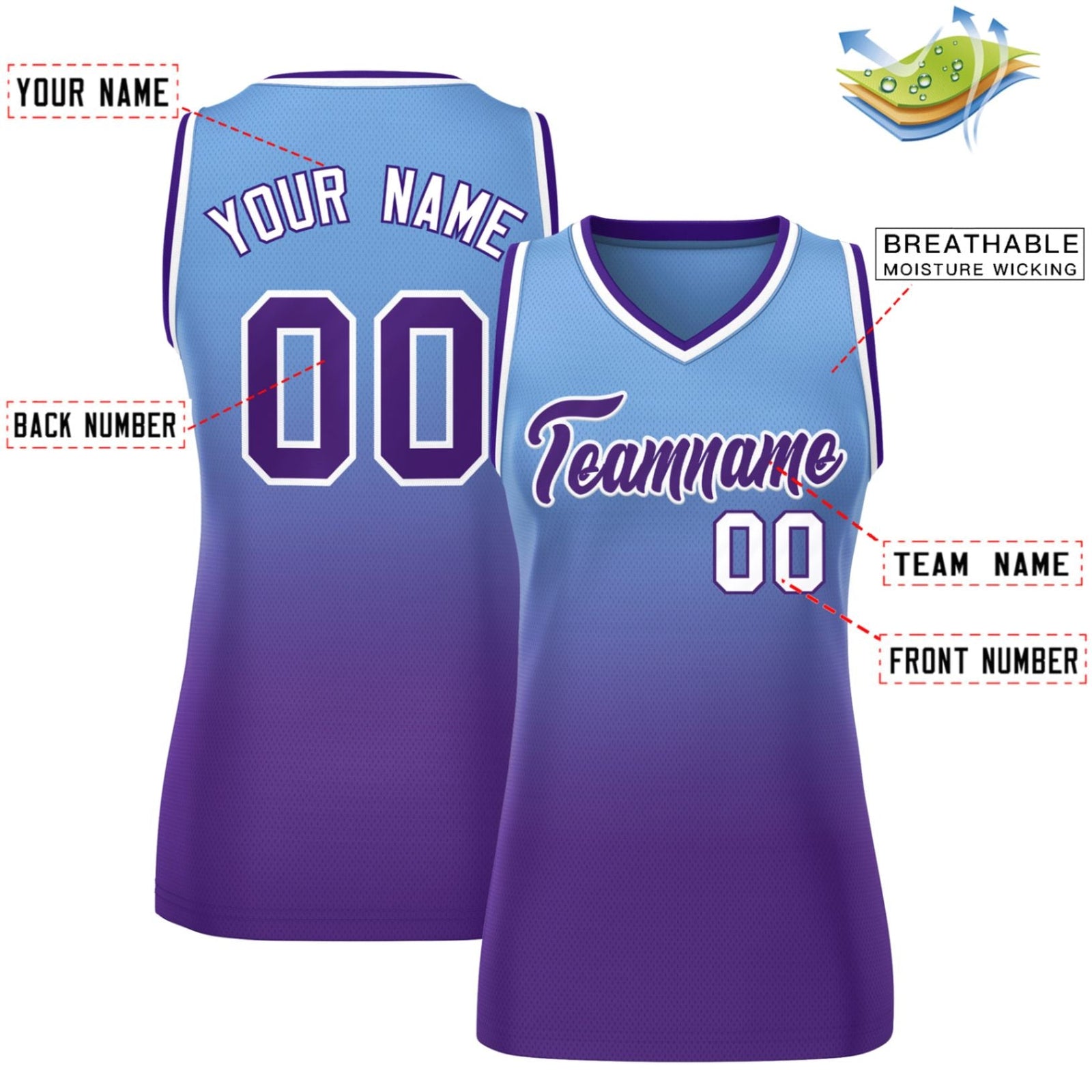 Custom Powder Blue Purple Gradient Fashion Tops Mesh Basketball Jersey For Women