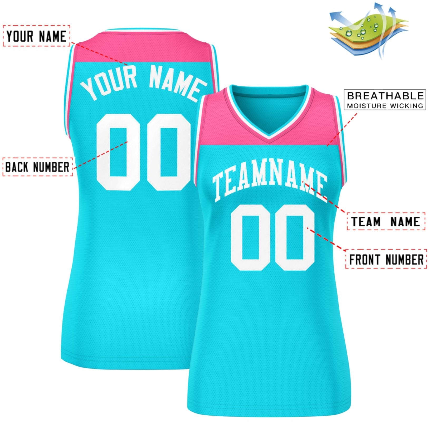 Custom Pink Powder Blue Color Block Fashion Tops Mesh Basketball Jersey For Women