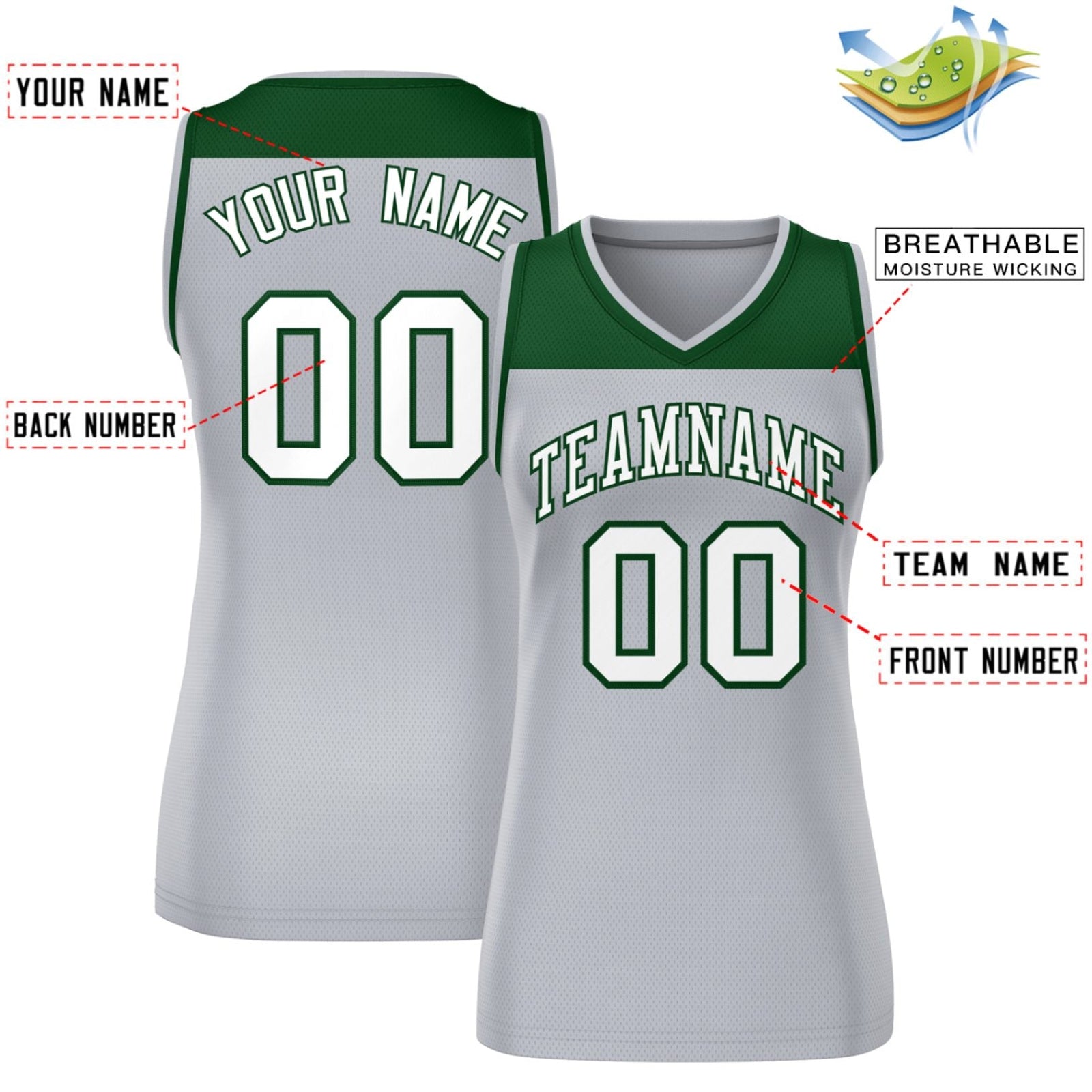Custom Green Gray Color Block Fashion Tops Mesh Basketball Jersey For Women