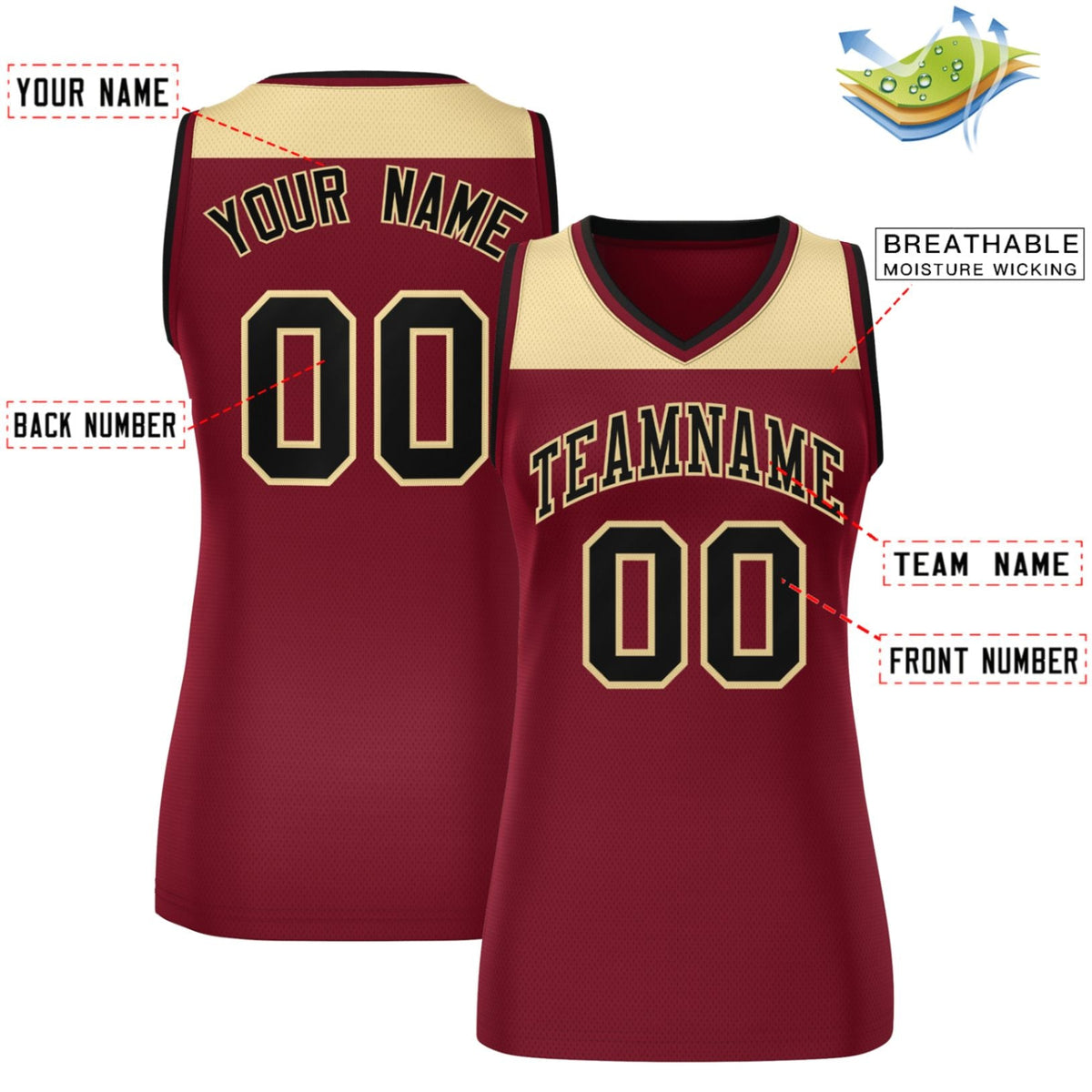 Custom Khaki Crimson Color Block Fashion Tops Mesh Basketball Jersey For Women