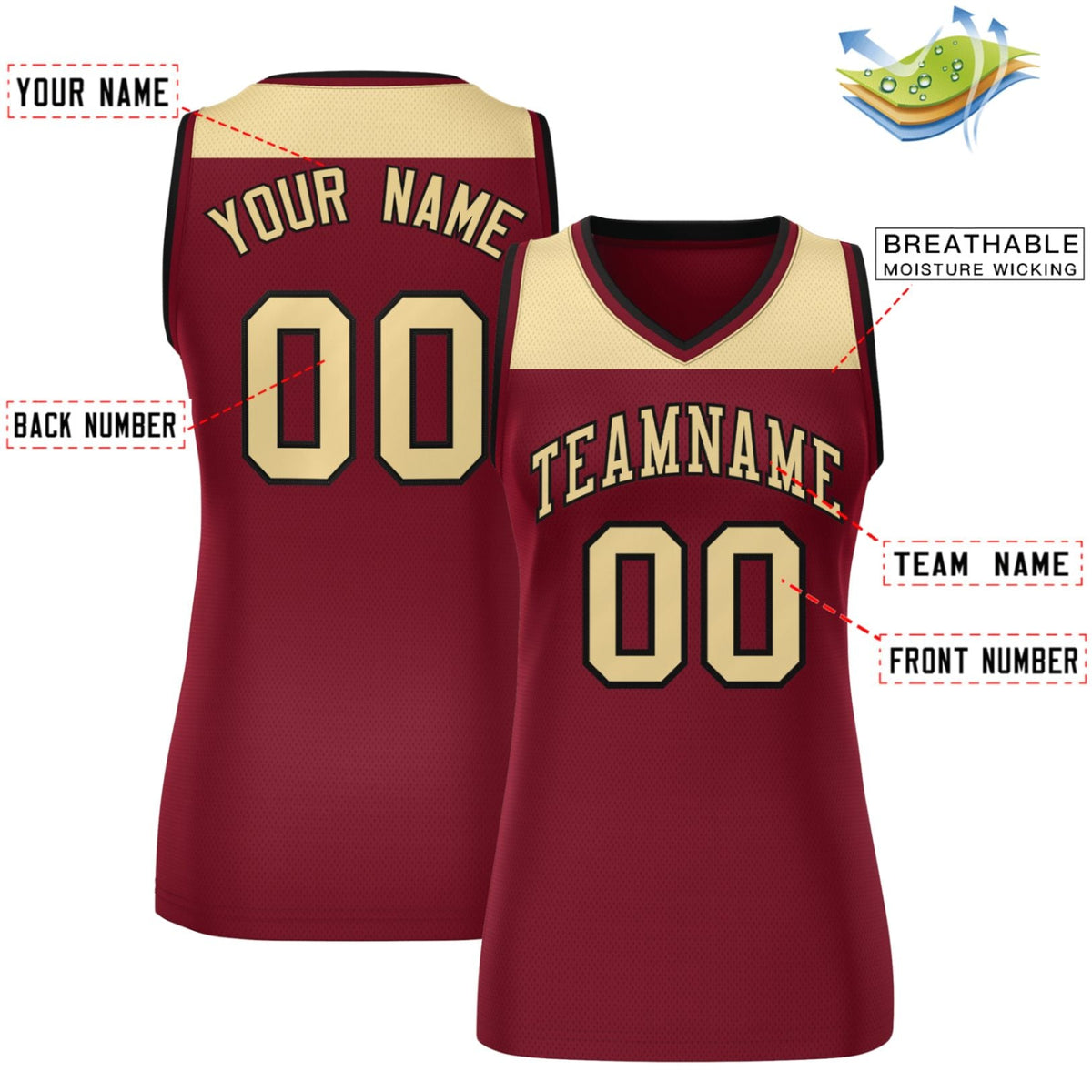 Custom Khaki Crimson Color Block Fashion Tops Mesh Basketball Jersey For Women