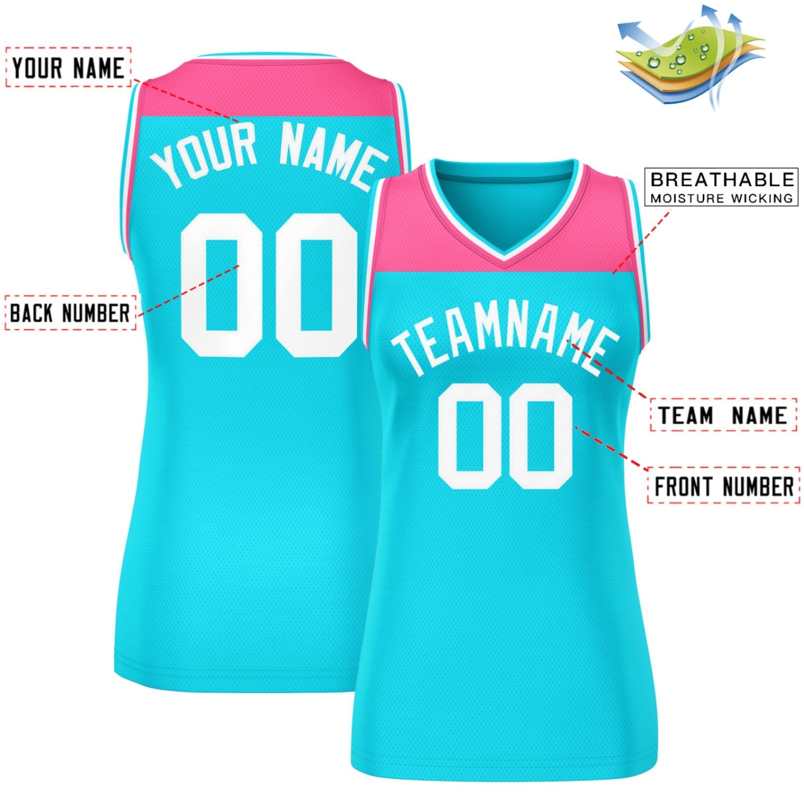 Custom Pink Powder Blue Color Block Fashion Tops Mesh Basketball Jersey For Women