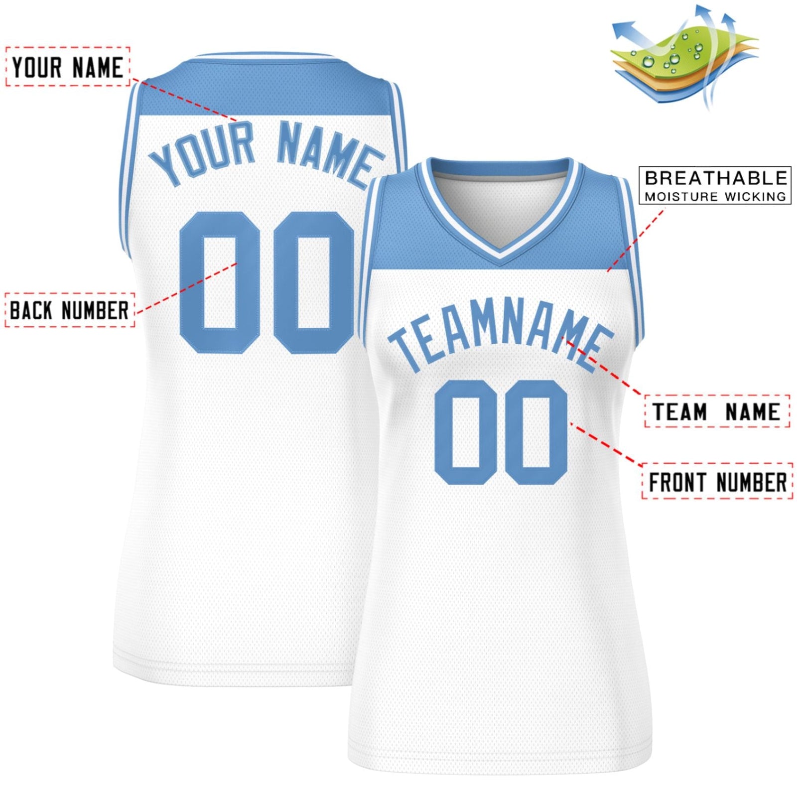 Custom Light Blue White Color Block Fashion Tops Mesh Basketball Jersey For Women