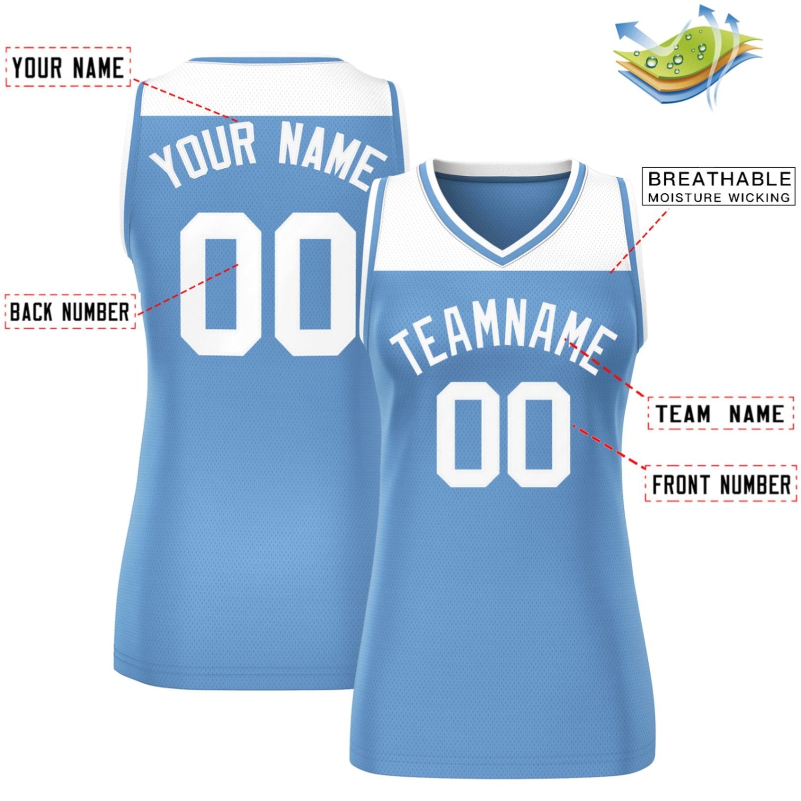 Custom White Light Blue Color Block Fashion Tops Mesh Basketball Jersey For Women