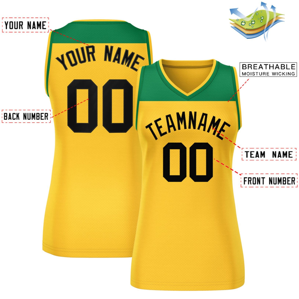 Custom Kelly Green Gold Color Block Fashion Tops Mesh Basketball Jersey For Women