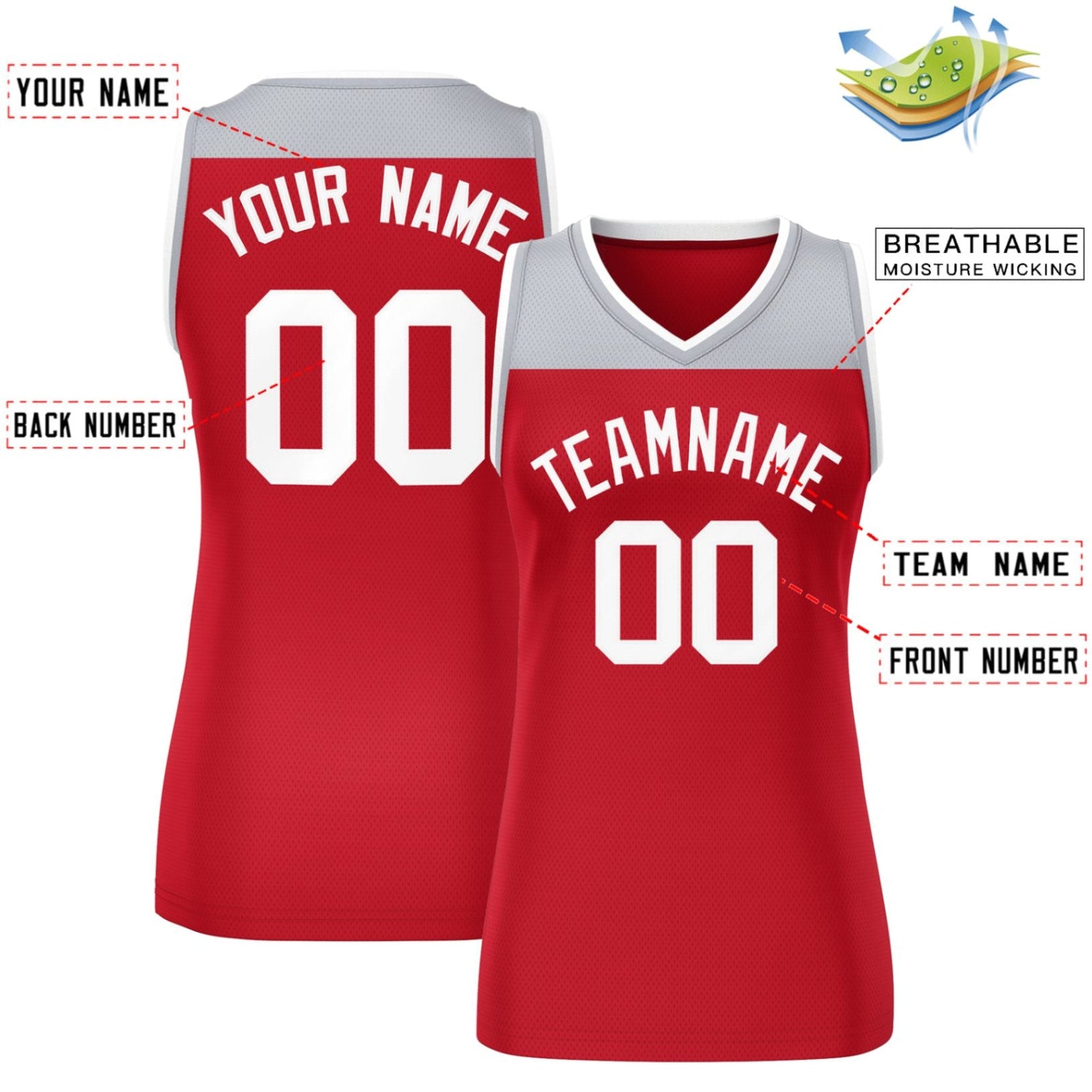Custom Gray Red Color Block Fashion Tops Mesh Basketball Jersey For Women
