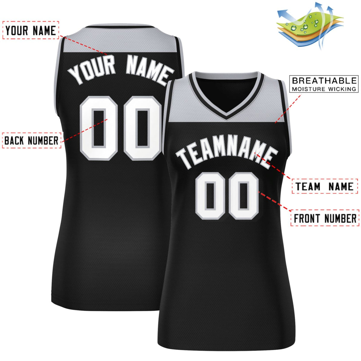 Custom Gray Black Color Block Fashion Tops Mesh Basketball Jersey For Women
