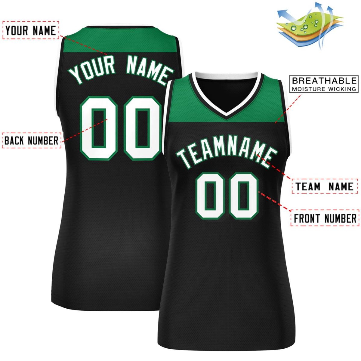 Custom Kelly Green Black Color Block Fashion Tops Mesh Basketball Jersey For Women