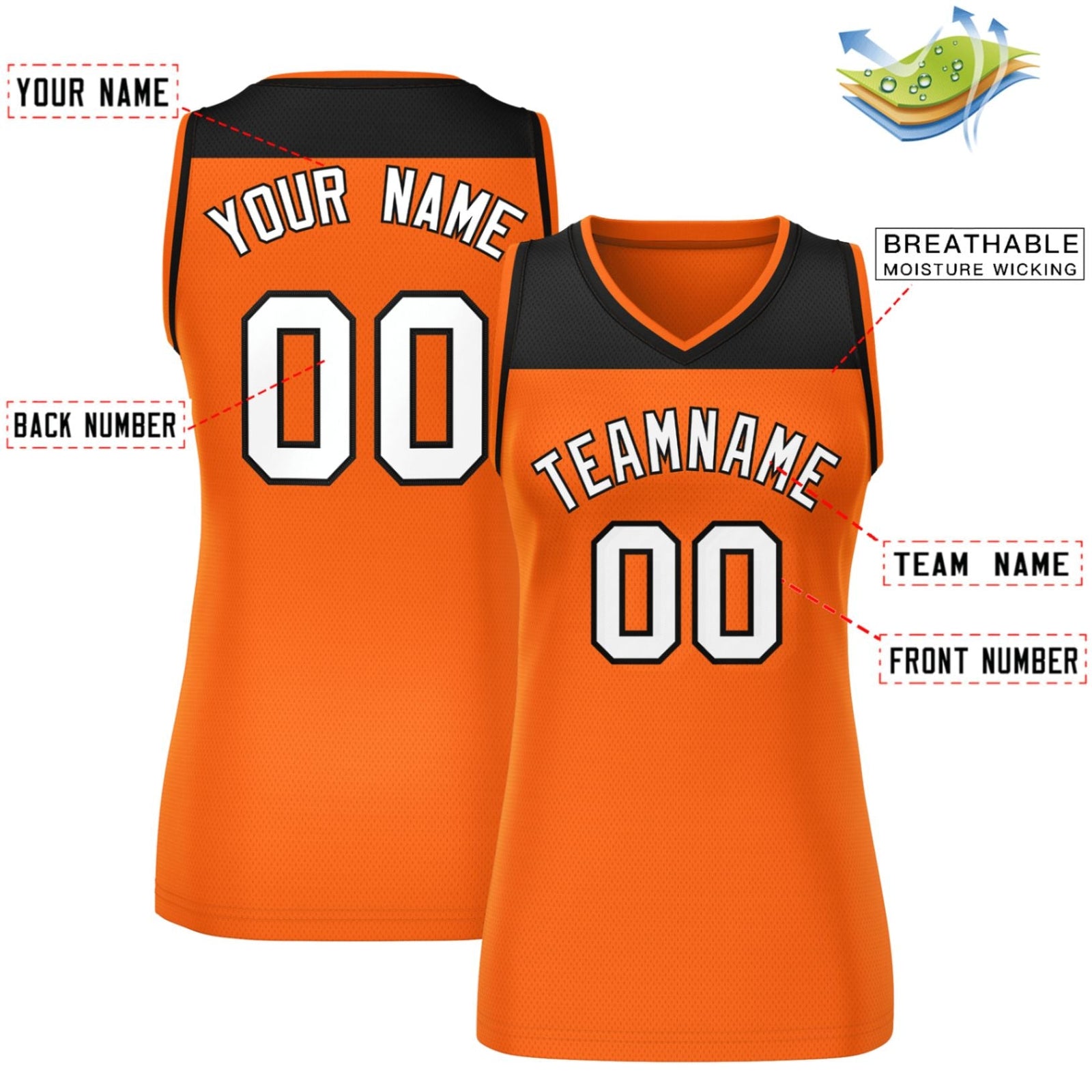Custom Black Orange Color Block Fashion Tops Mesh Basketball Jersey For Women
