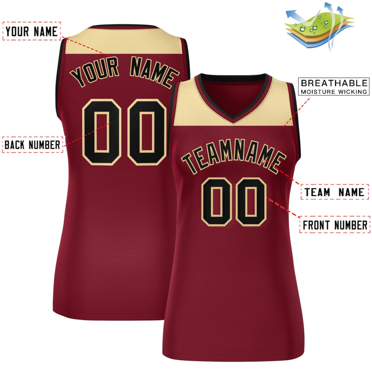 Custom Khaki Crimson Color Block Fashion Tops Mesh Basketball Jersey For Women