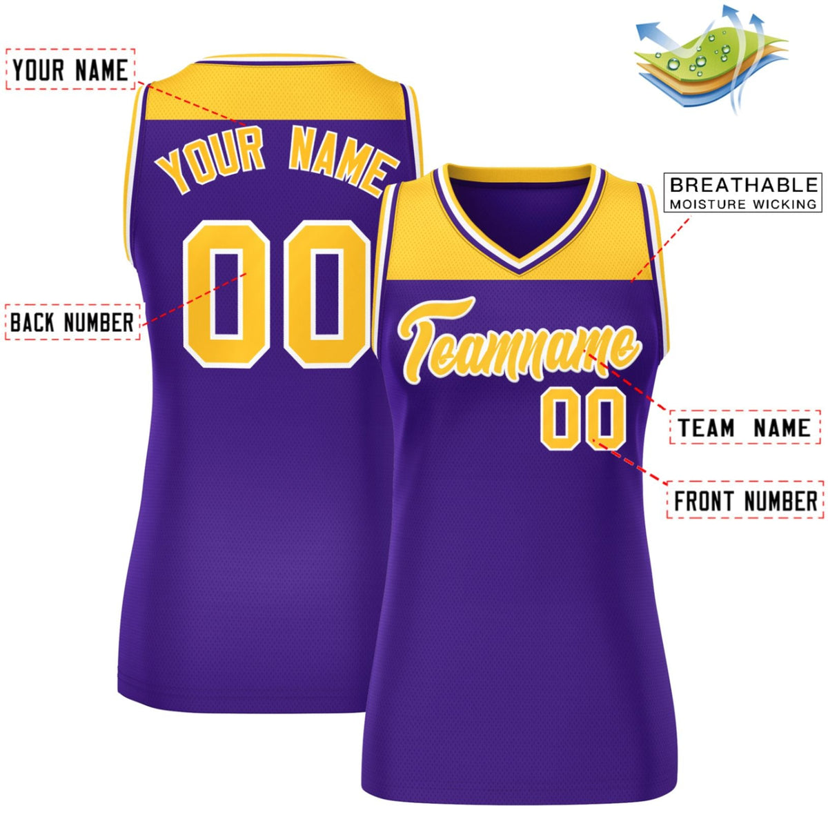 Custom Gold Purple Color Block Fashion Tops Mesh Basketball Jersey For Women