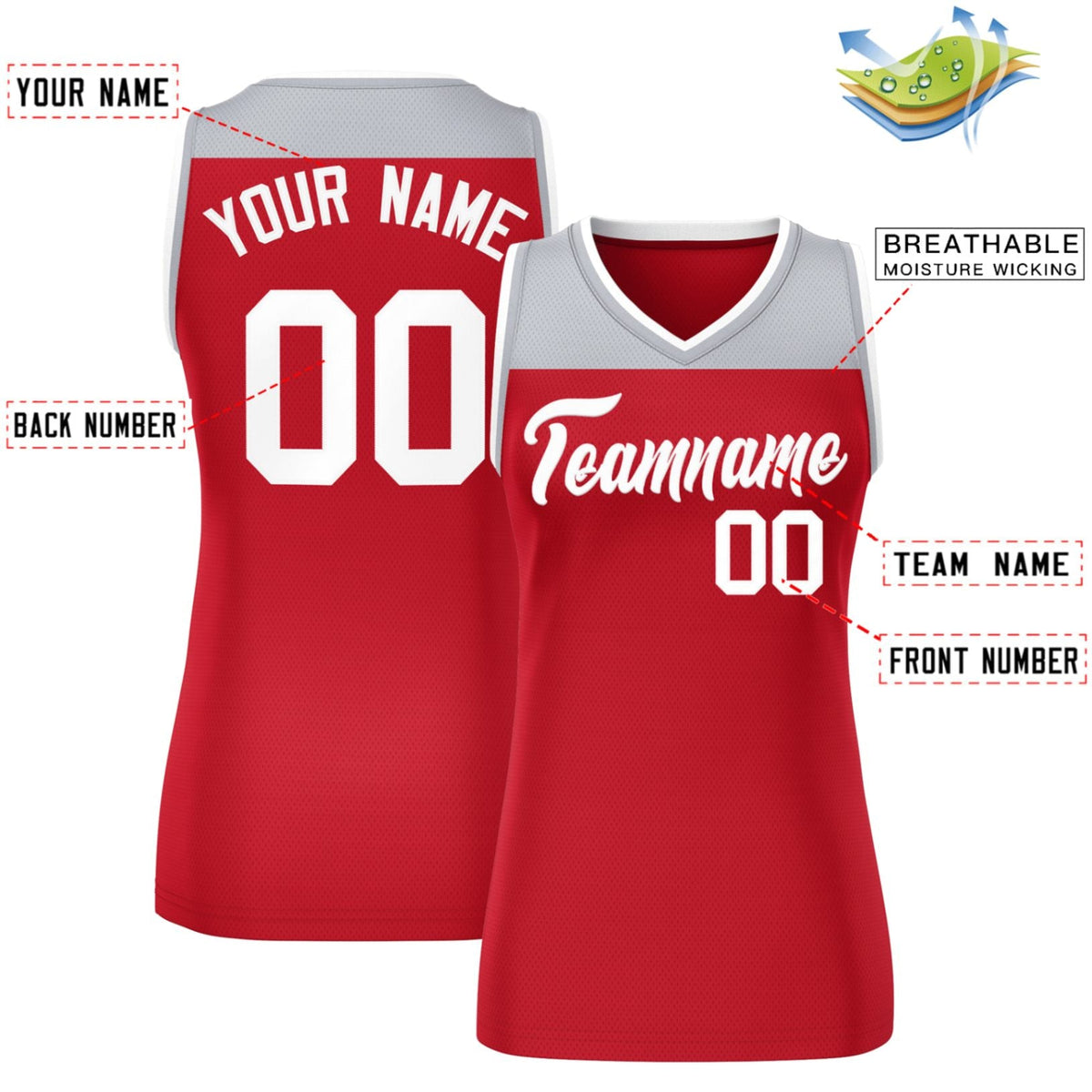 Custom Gray Red Color Block Fashion Tops Mesh Basketball Jersey For Women
