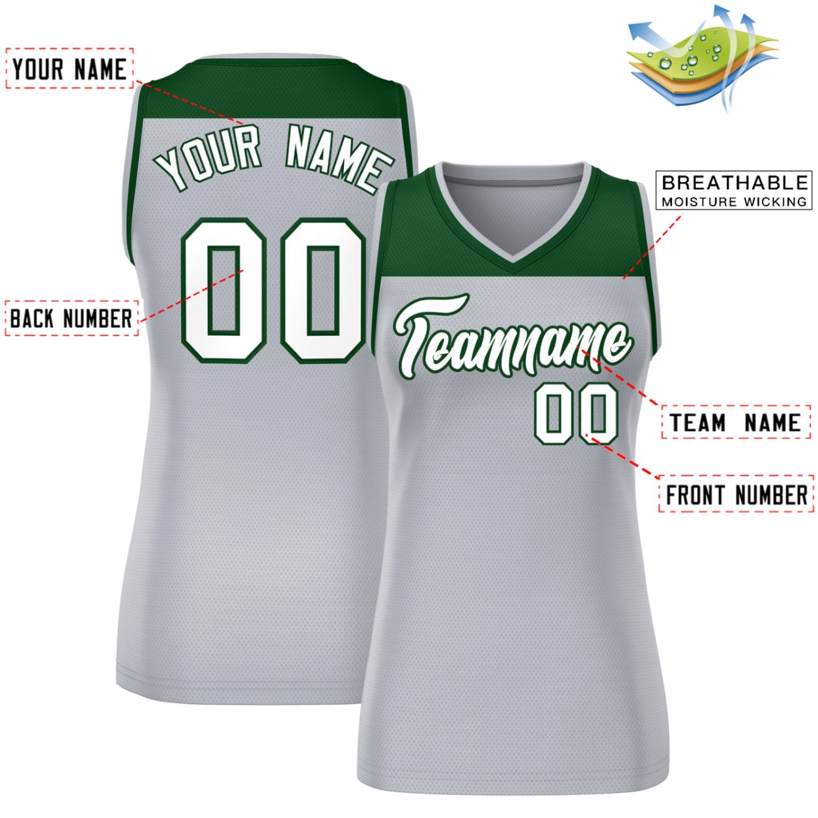 Custom Green Gray Color Block Fashion Tops Mesh Basketball Jersey For Women